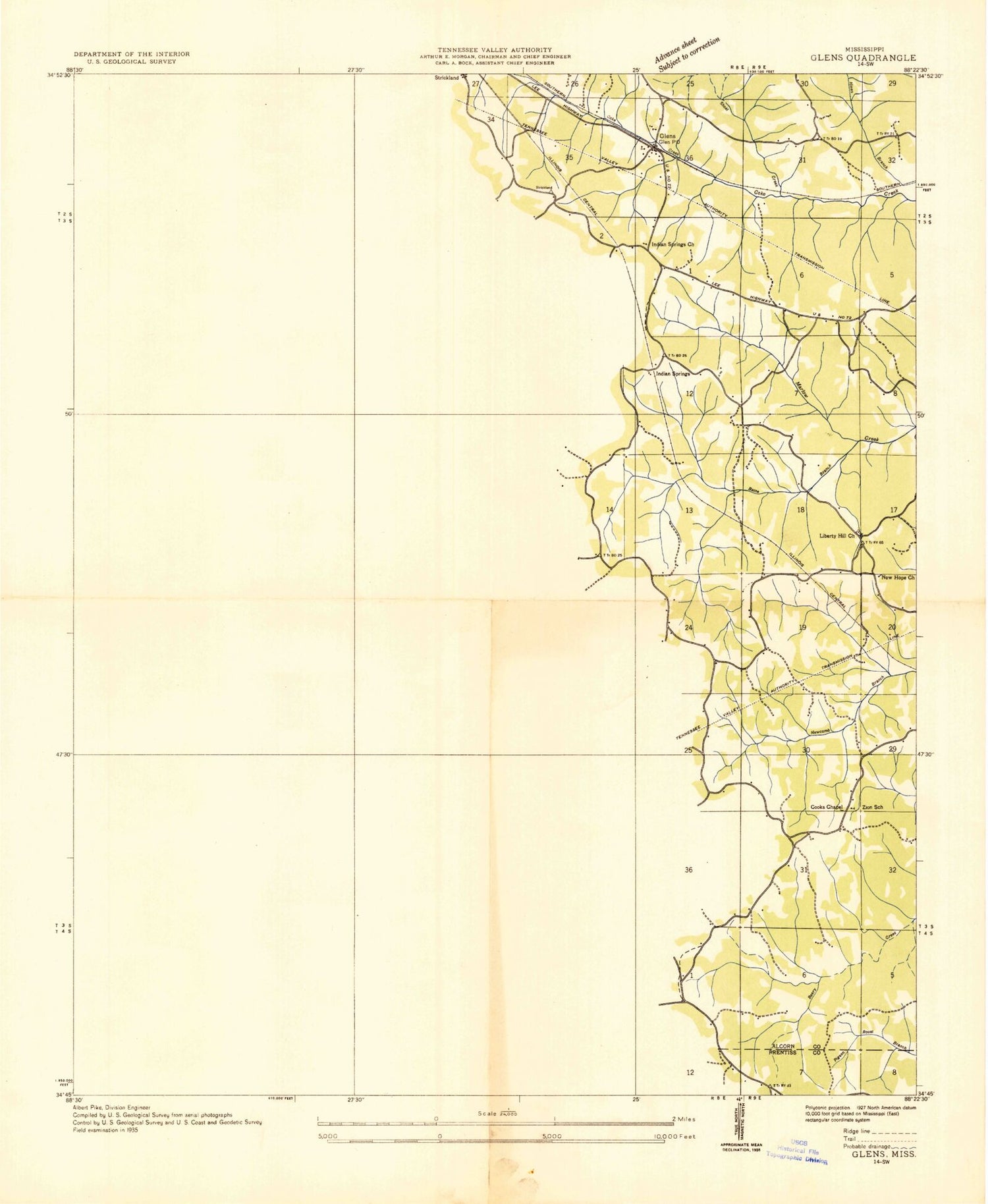 Classic USGS Glens Mississippi 7.5'x7.5' Topo Map Image
