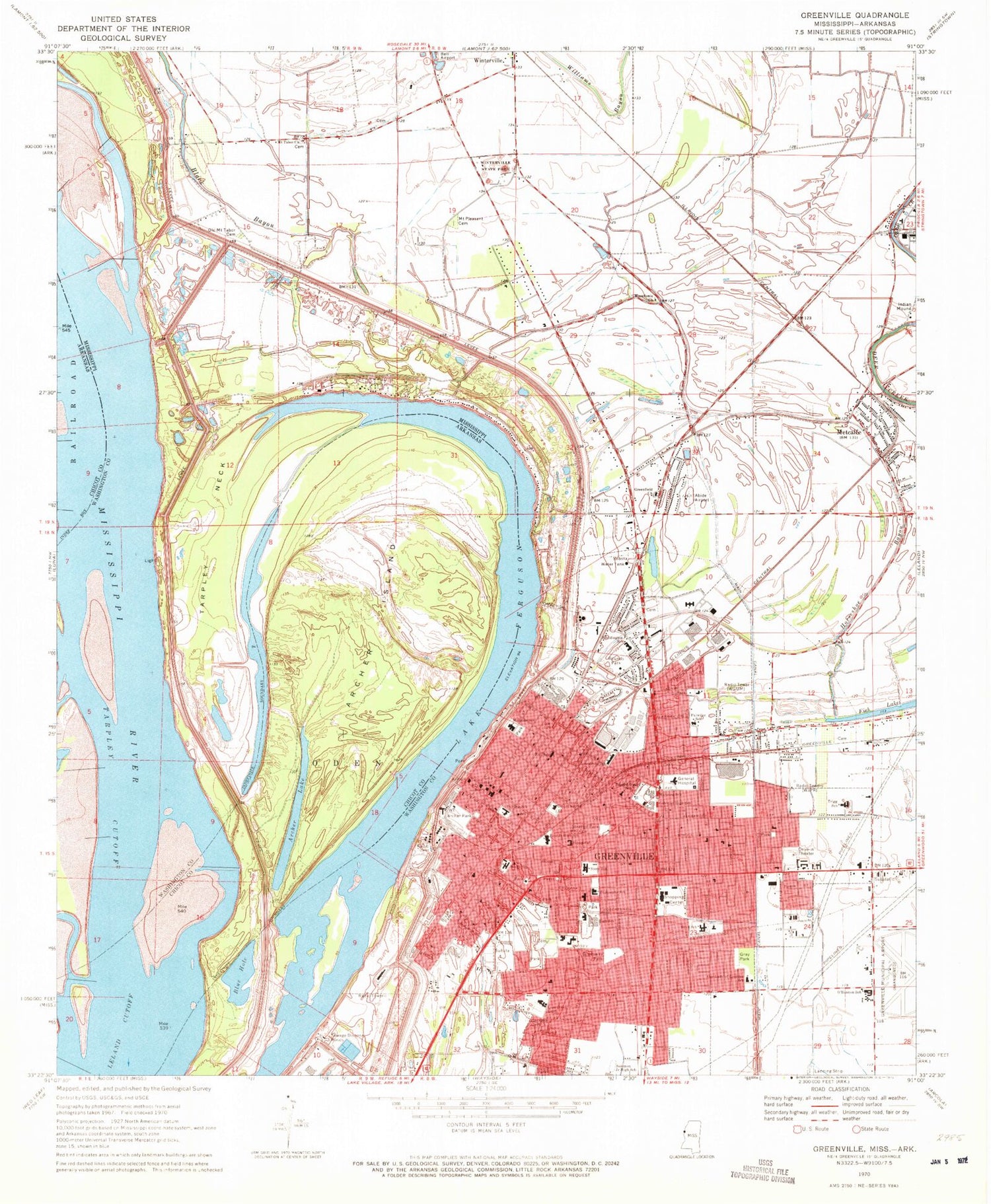 Classic USGS Greenville Mississippi 7.5'x7.5' Topo Map Image