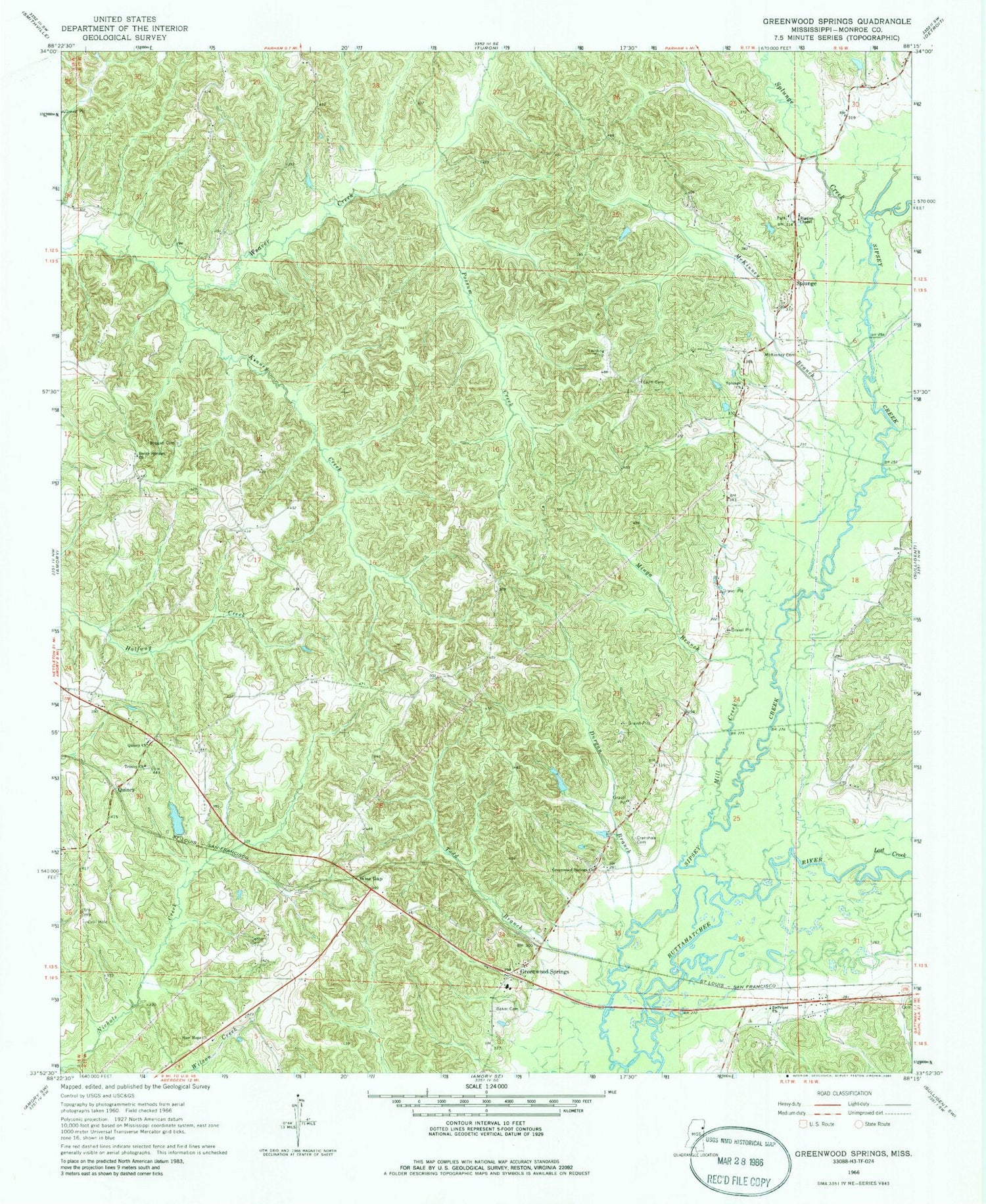 Classic USGS Greenwood Springs Mississippi 7.5'x7.5' Topo Map Image