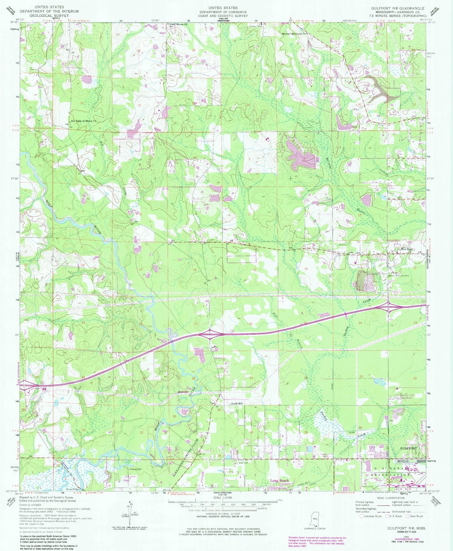 Classic USGS Gulfport NW Mississippi 7.5'x7.5' Topo Map Image