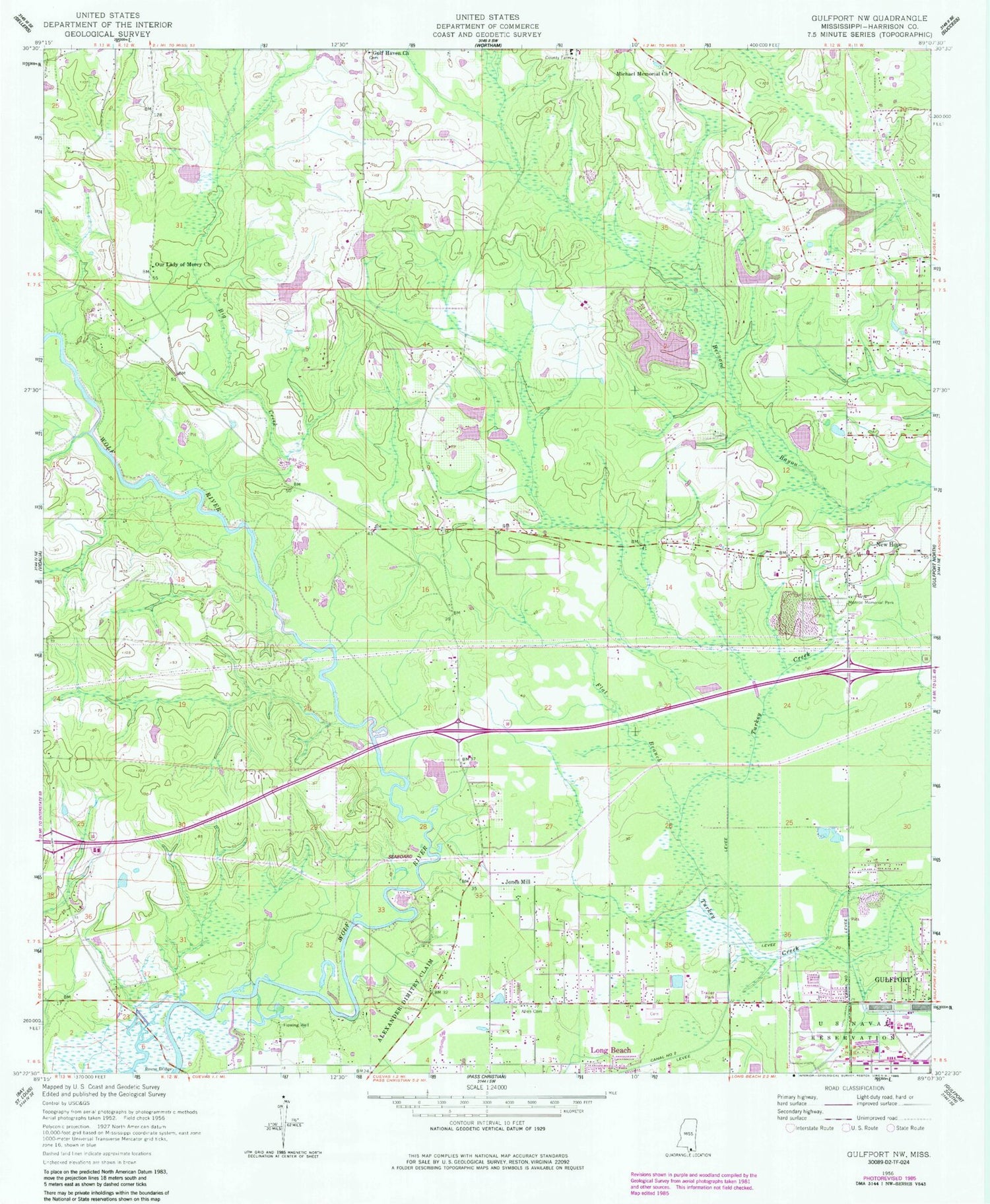 Classic USGS Gulfport NW Mississippi 7.5'x7.5' Topo Map Image