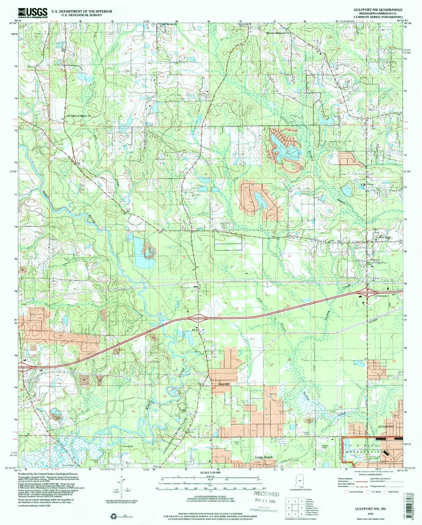 Classic USGS Gulfport NW Mississippi 7.5'x7.5' Topo Map Image