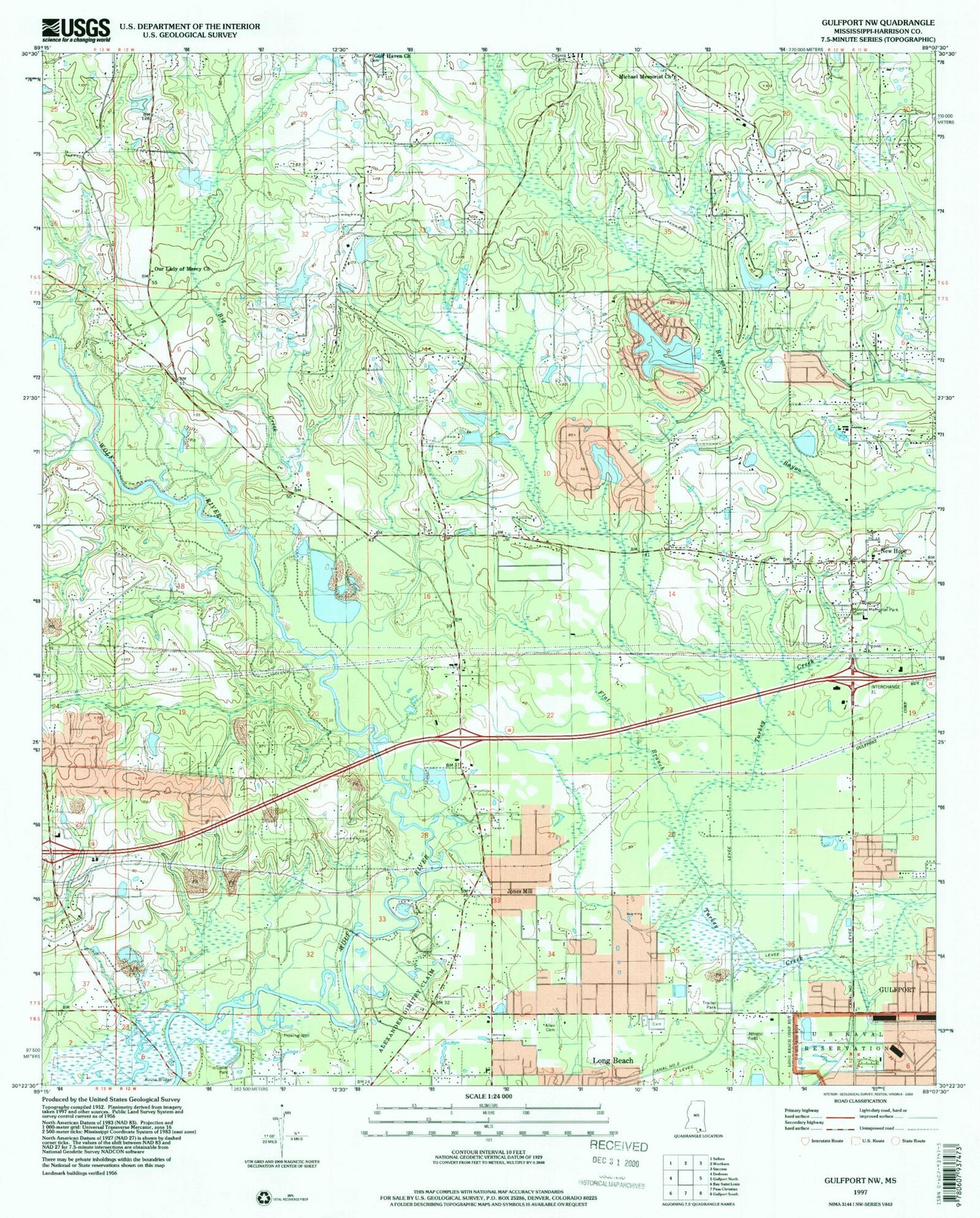 Classic USGS Gulfport NW Mississippi 7.5'x7.5' Topo Map Image
