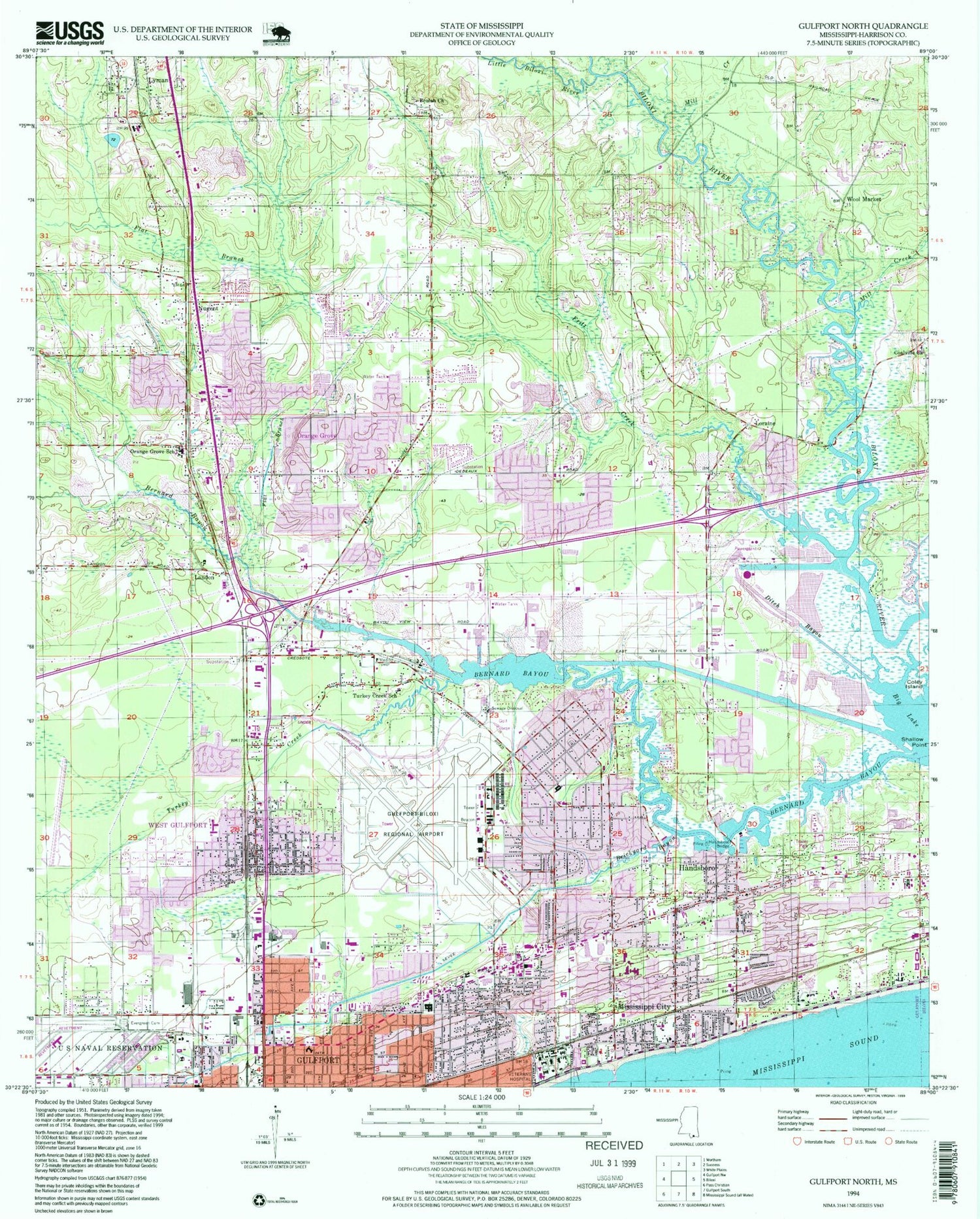 Classic USGS Gulfport North Mississippi 7.5'x7.5' Topo Map Image