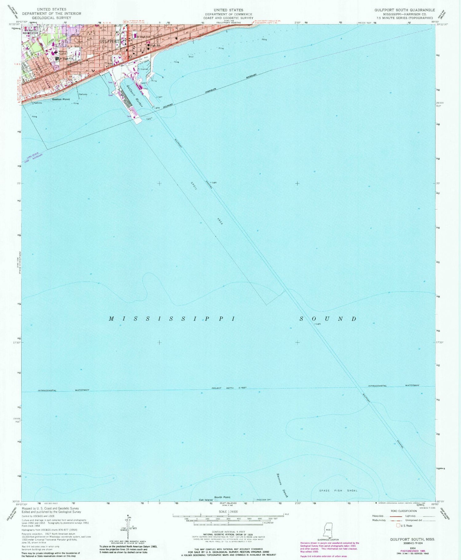 Classic USGS Gulfport South Mississippi 7.5'x7.5' Topo Map Image