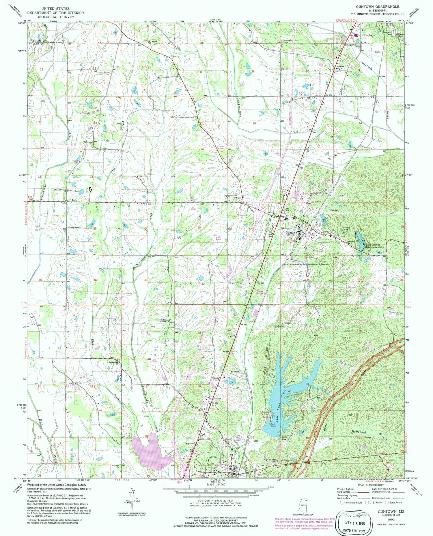 Classic USGS Guntown Mississippi 7.5'x7.5' Topo Map Image