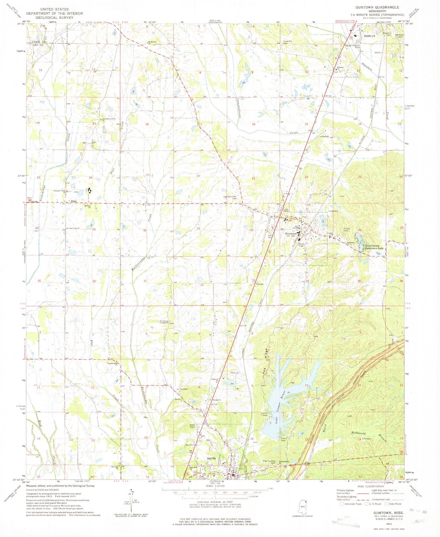 Classic USGS Guntown Mississippi 7.5'x7.5' Topo Map Image