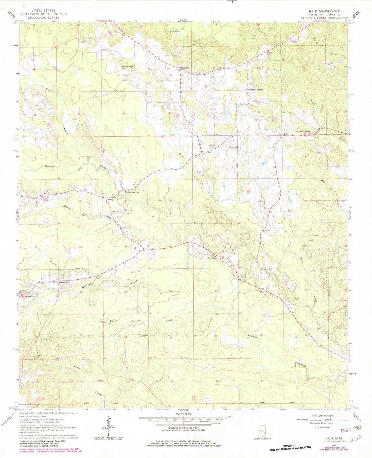 Classic USGS Hale Mississippi 7.5'x7.5' Topo Map Image
