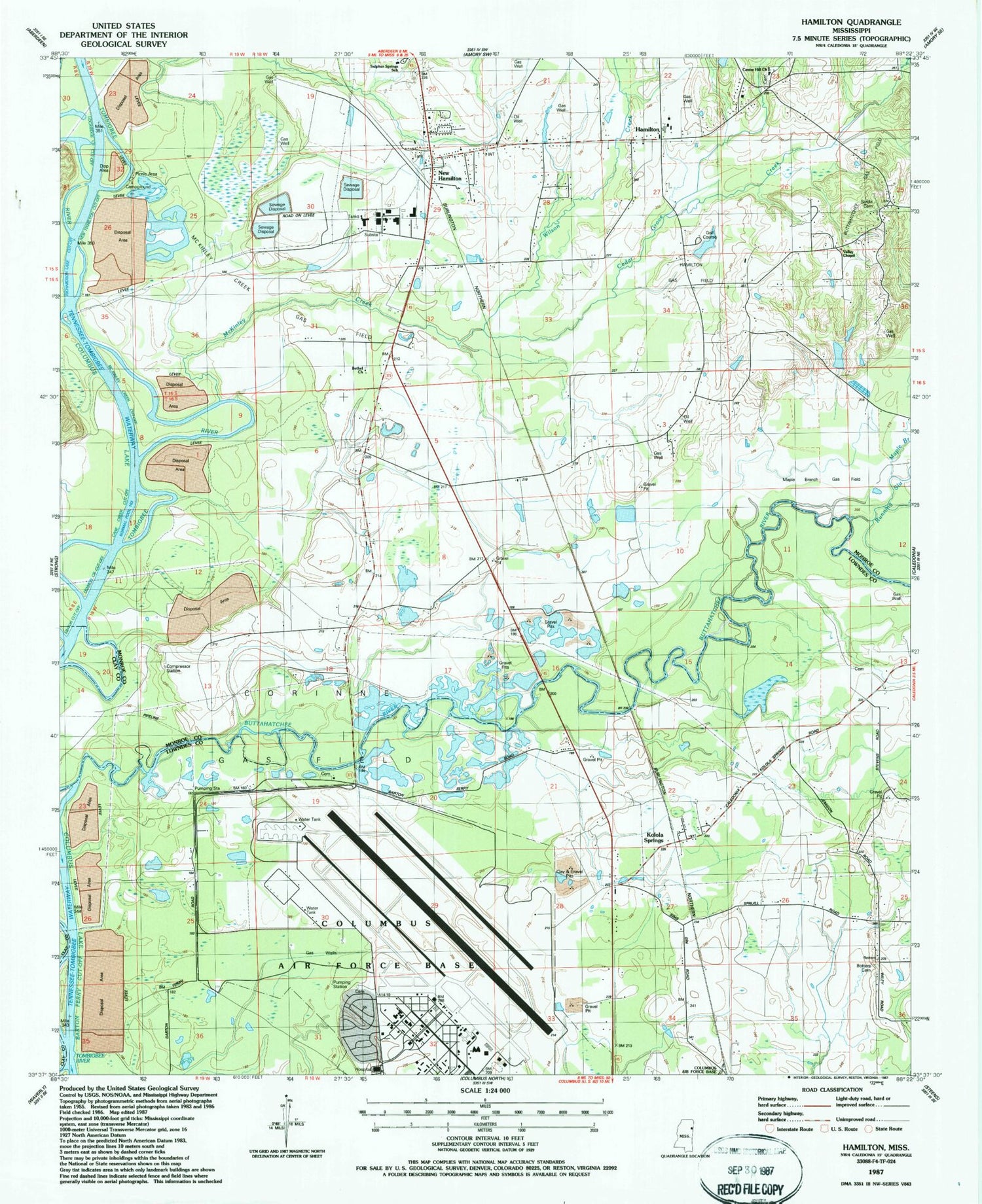 Classic USGS Hamilton Mississippi 7.5'x7.5' Topo Map Image