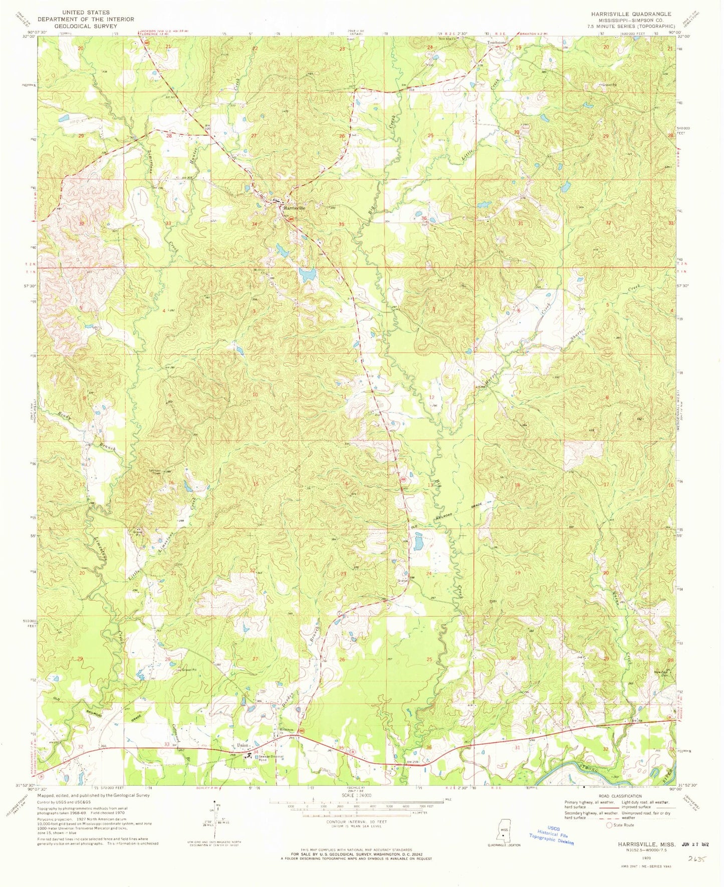 Classic USGS Harrisville Mississippi 7.5'x7.5' Topo Map Image