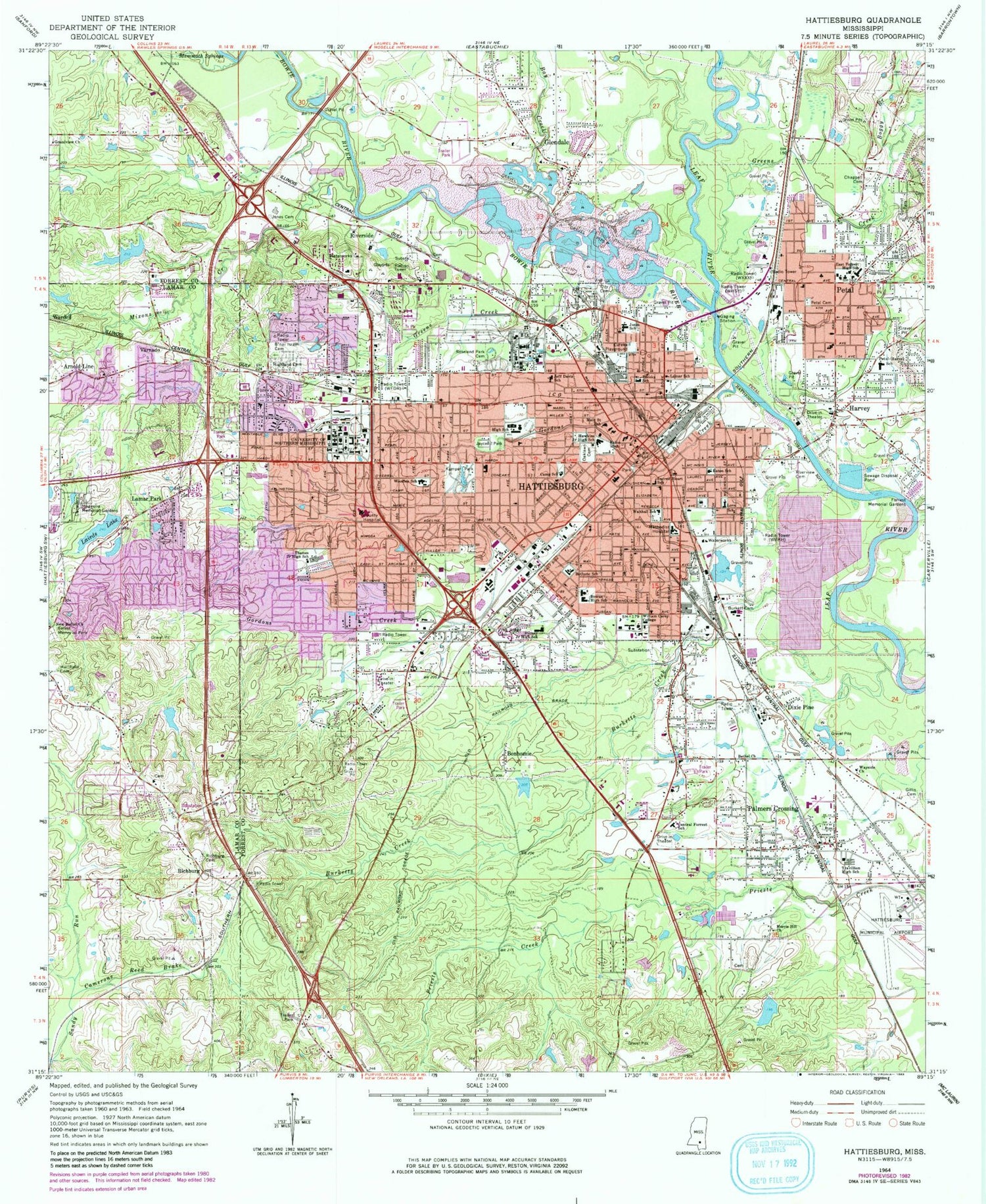 Classic USGS Hattiesburg Mississippi 7.5'x7.5' Topo Map Image