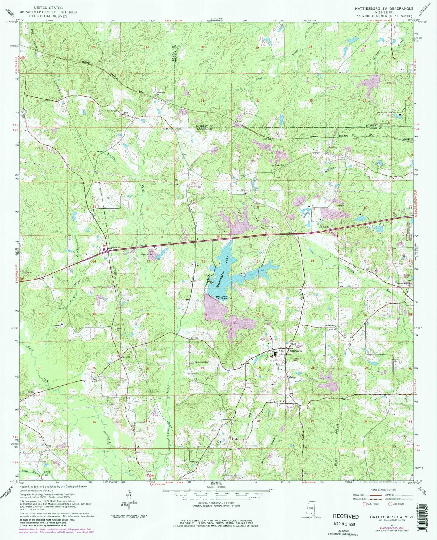 Classic USGS Hattiesburg SW Mississippi 7.5'x7.5' Topo Map Image