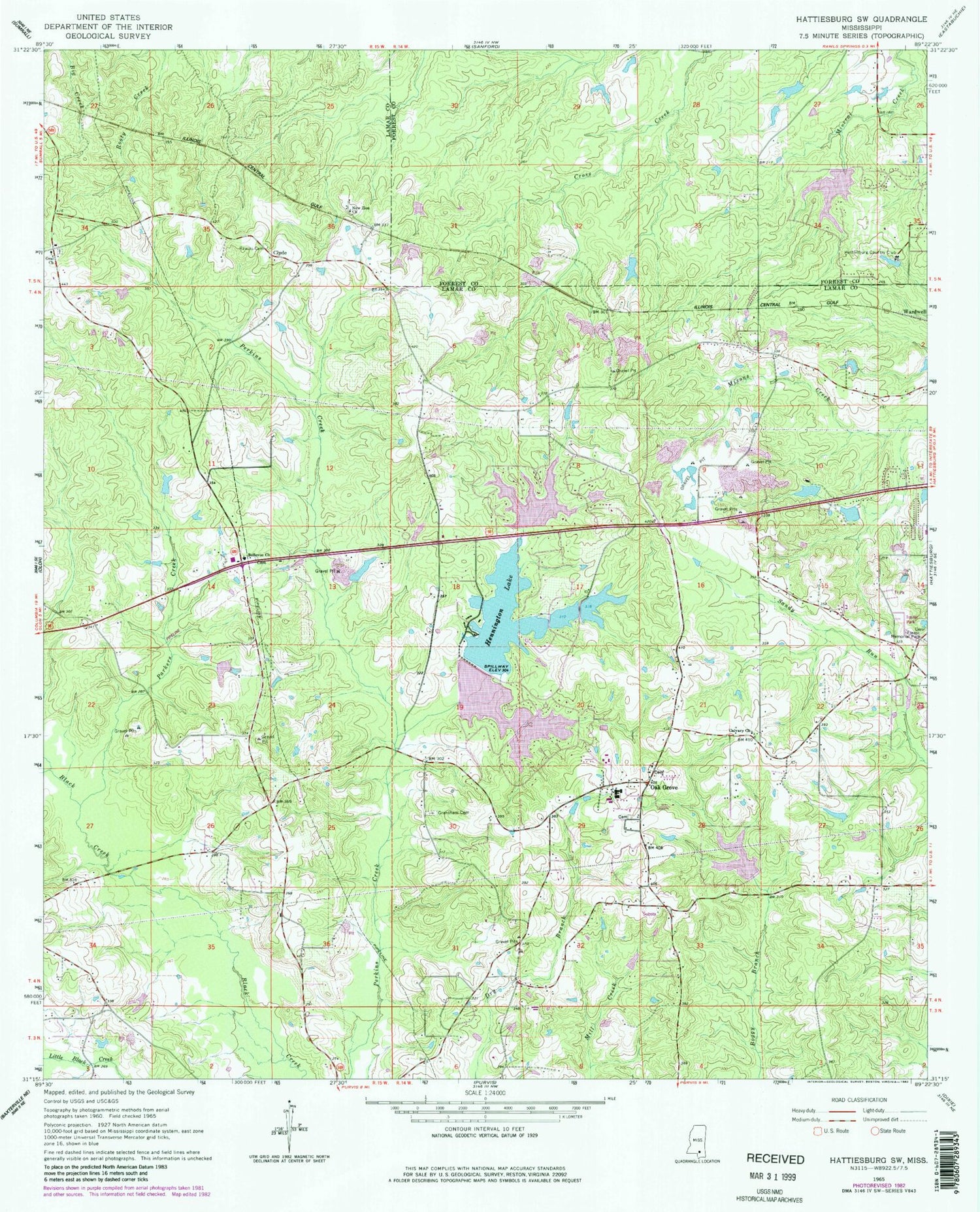 Classic USGS Hattiesburg SW Mississippi 7.5'x7.5' Topo Map Image