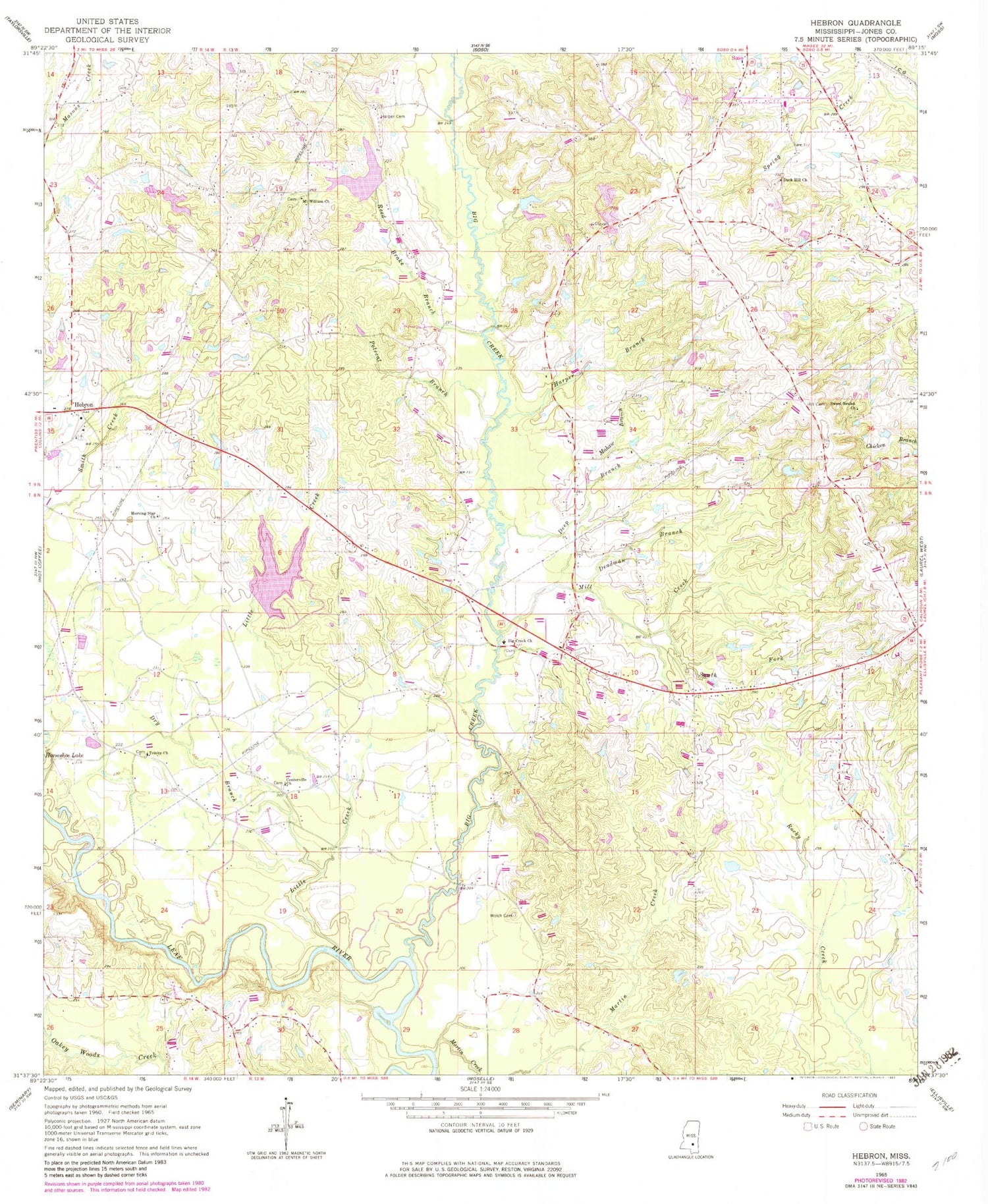 Classic USGS Hebron Mississippi 7.5'x7.5' Topo Map Image