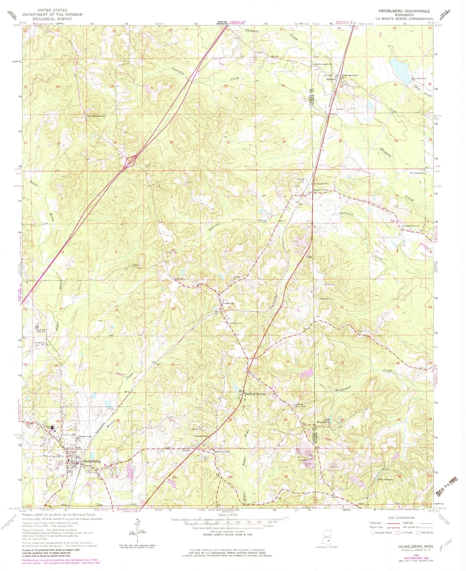 Classic USGS Heidelberg Mississippi 7.5'x7.5' Topo Map Image