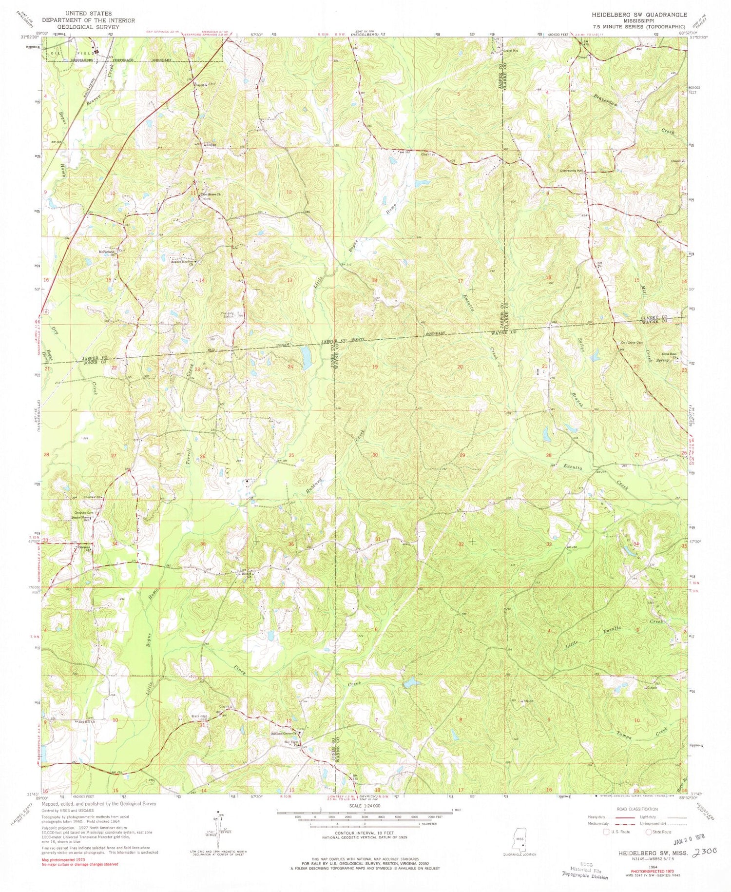 Classic USGS Heidelberg SW Mississippi 7.5'x7.5' Topo Map Image