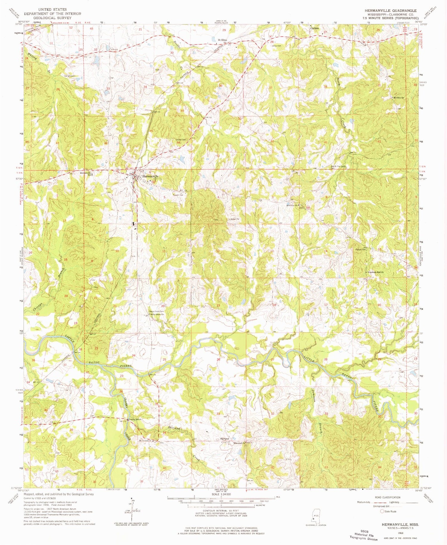 Classic USGS Hermanville Mississippi 7.5'x7.5' Topo Map Image