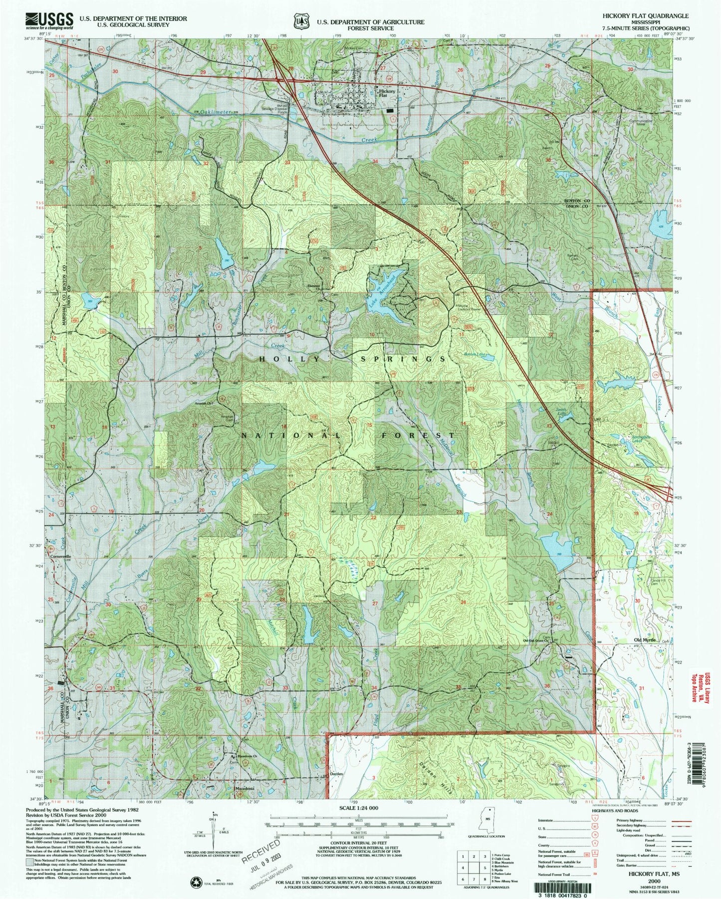 Classic USGS Hickory Flat Mississippi 7.5'x7.5' Topo Map Image