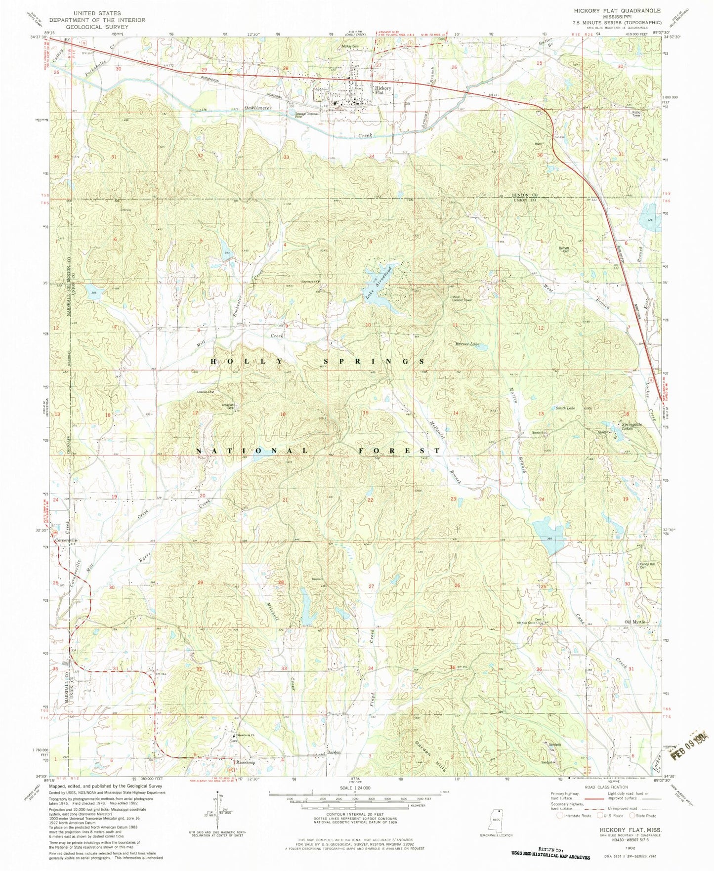 Classic USGS Hickory Flat Mississippi 7.5'x7.5' Topo Map Image