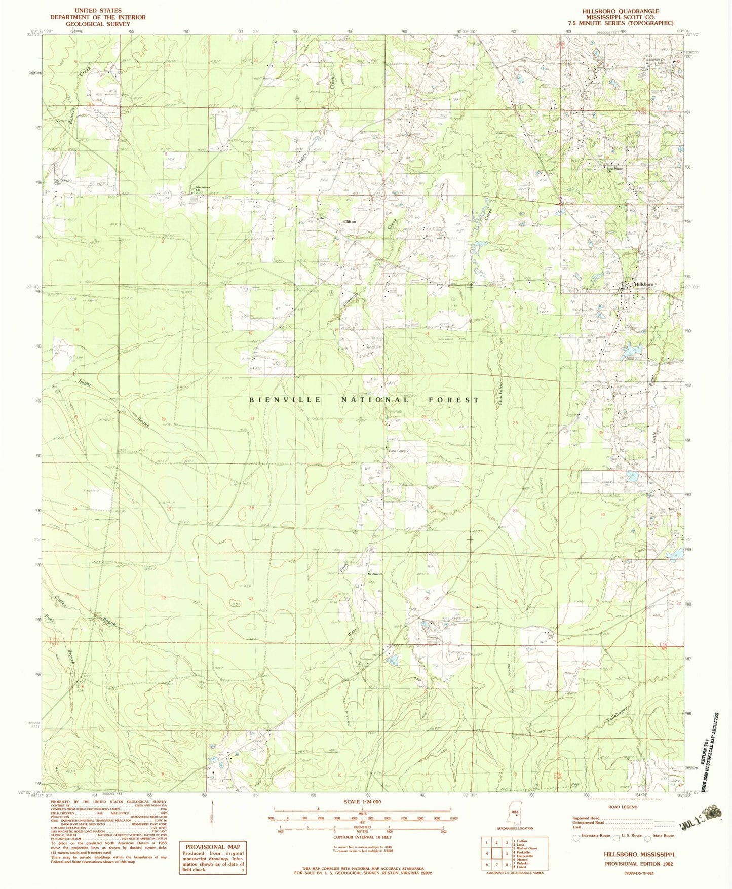 Classic USGS Hillsboro Mississippi 7.5'x7.5' Topo Map Image
