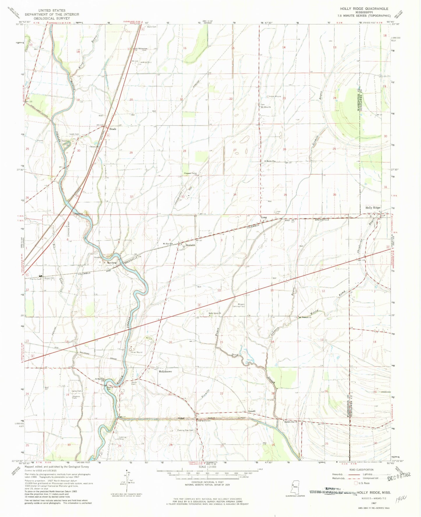 Classic USGS Holly Ridge Mississippi 7.5'x7.5' Topo Map Image