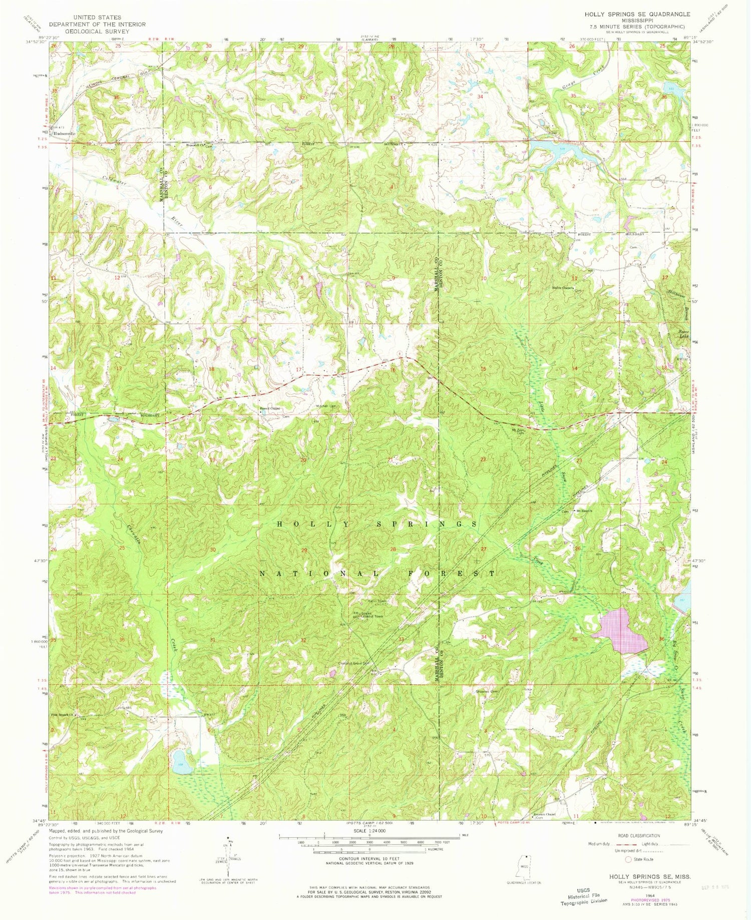 Classic USGS Holly Springs SE Mississippi 7.5'x7.5' Topo Map Image