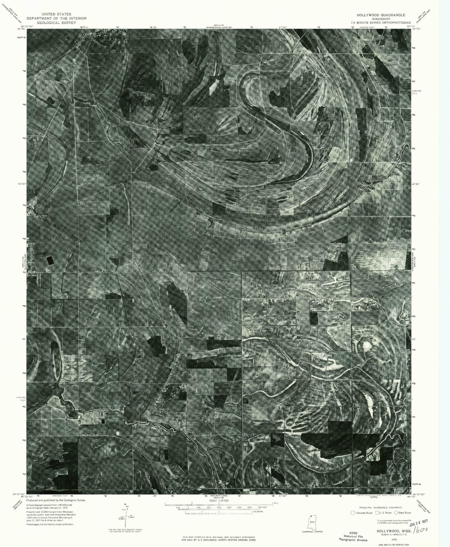 Classic USGS Hollywood Mississippi 7.5'x7.5' Topo Map Image