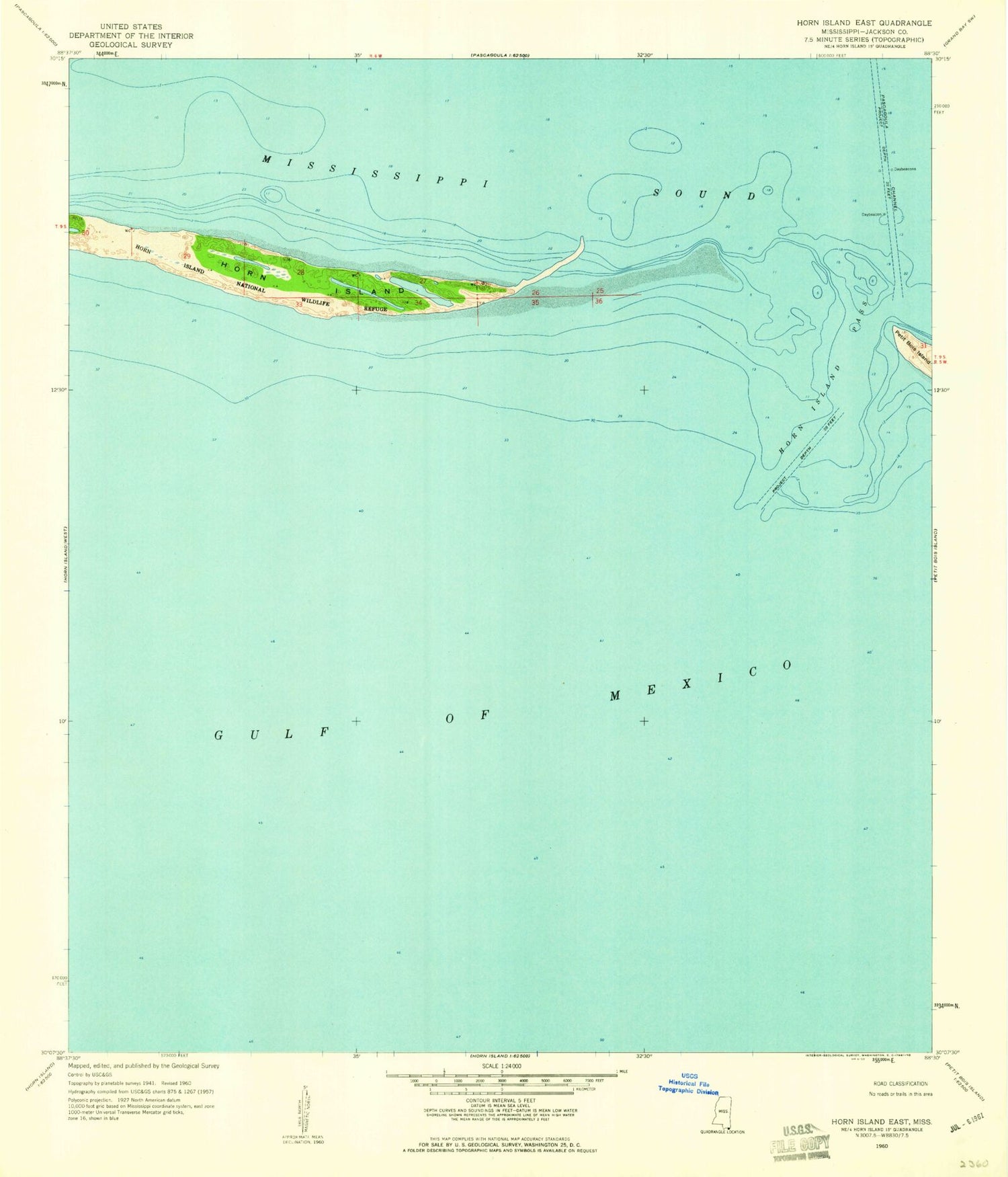Classic USGS Horn Island East Mississippi 7.5'x7.5' Topo Map Image