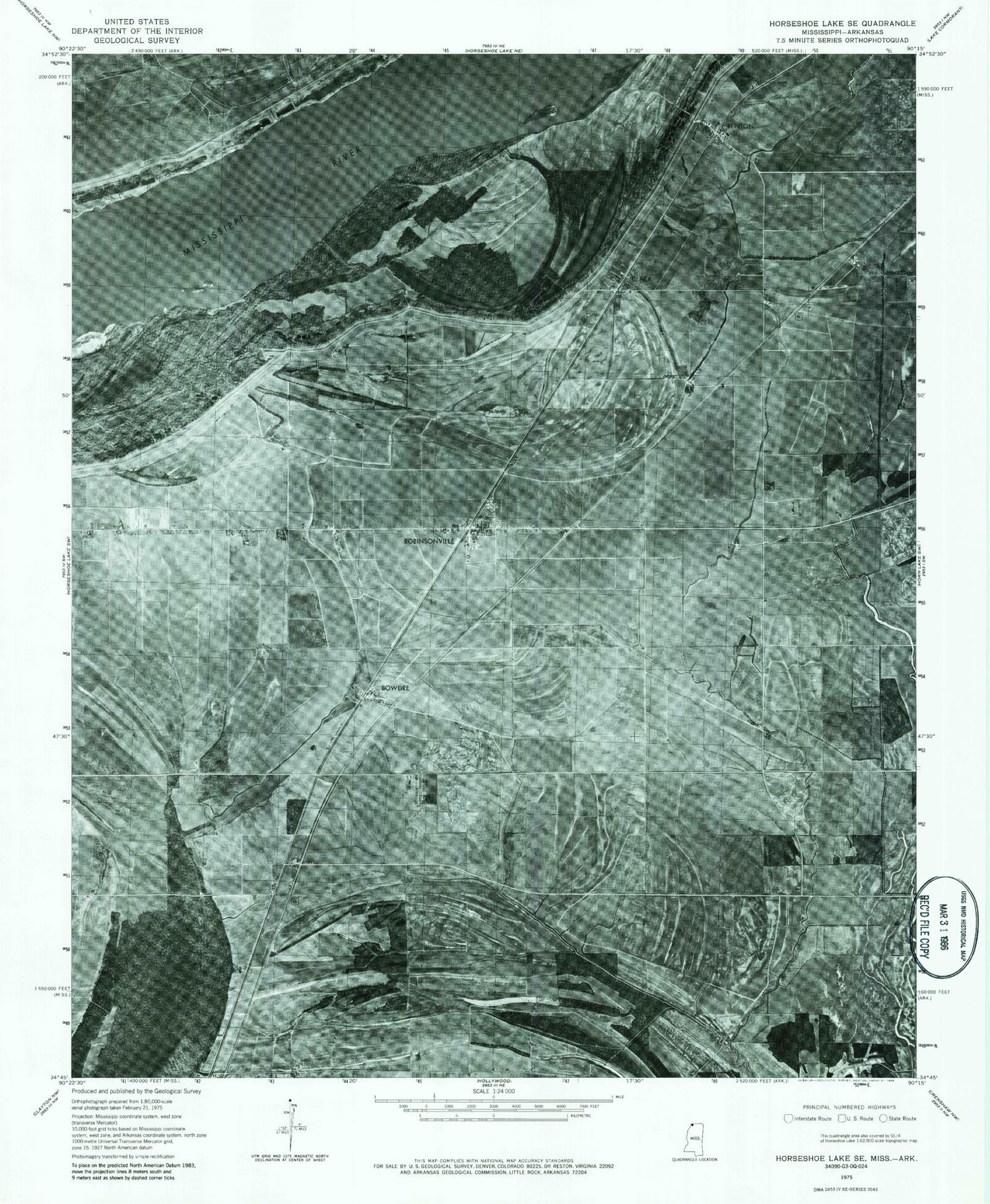 Classic USGS Robinsonville Mississippi 7.5'x7.5' Topo Map Image