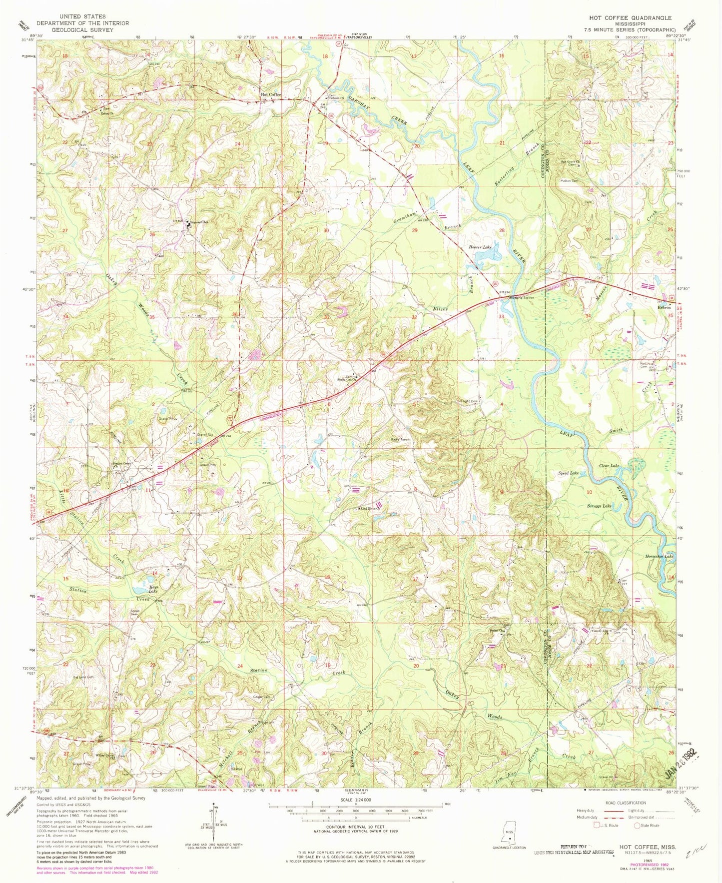 Classic USGS Hot Coffee Mississippi 7.5'x7.5' Topo Map Image