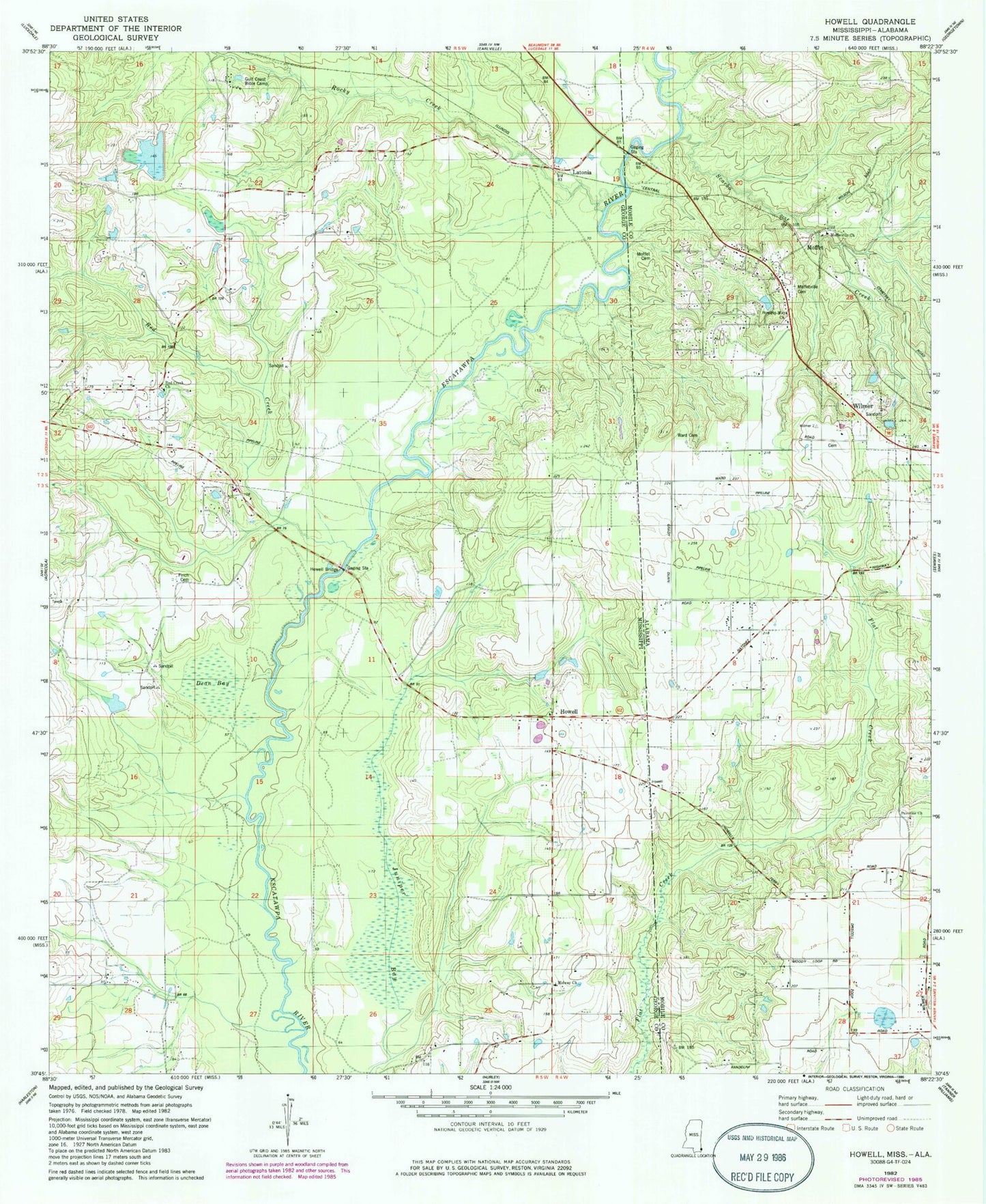Classic USGS Howell Mississippi 7.5'x7.5' Topo Map Image