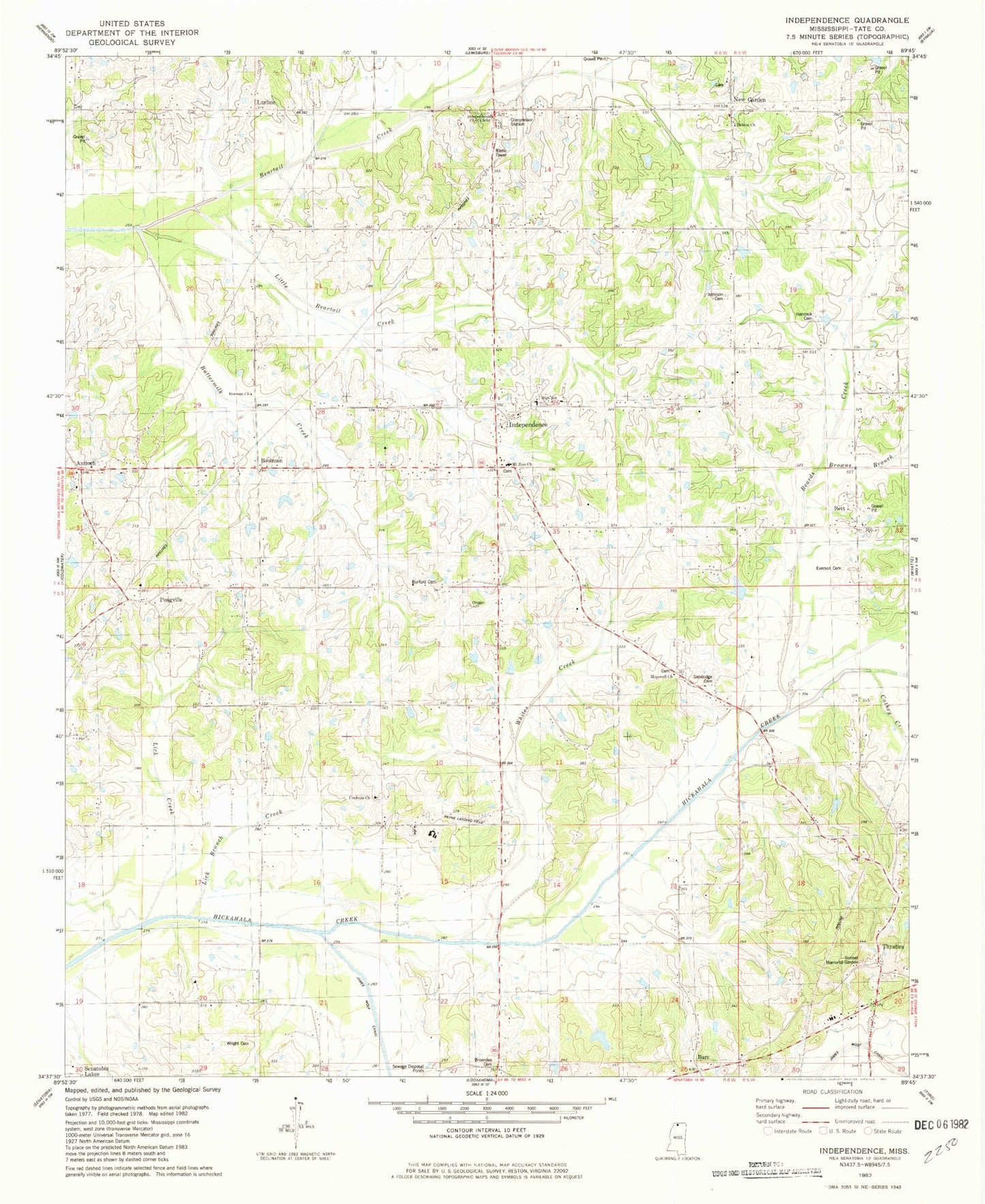 Classic USGS Independence Mississippi 7.5'x7.5' Topo Map Image