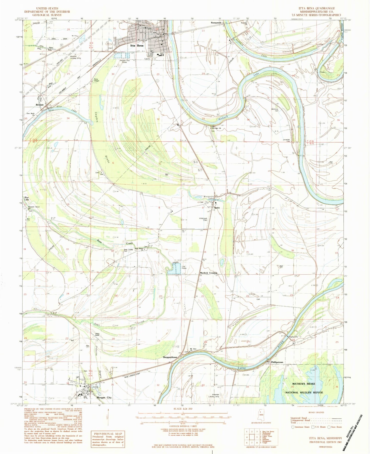 Classic USGS Itta Bena Mississippi 7.5'x7.5' Topo Map Image