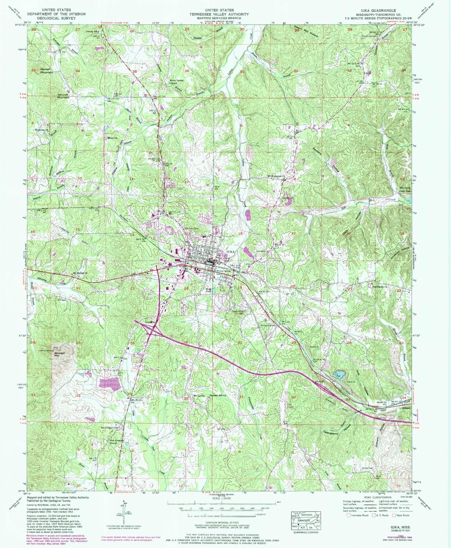 Classic USGS Iuka Mississippi 7.5'x7.5' Topo Map Image