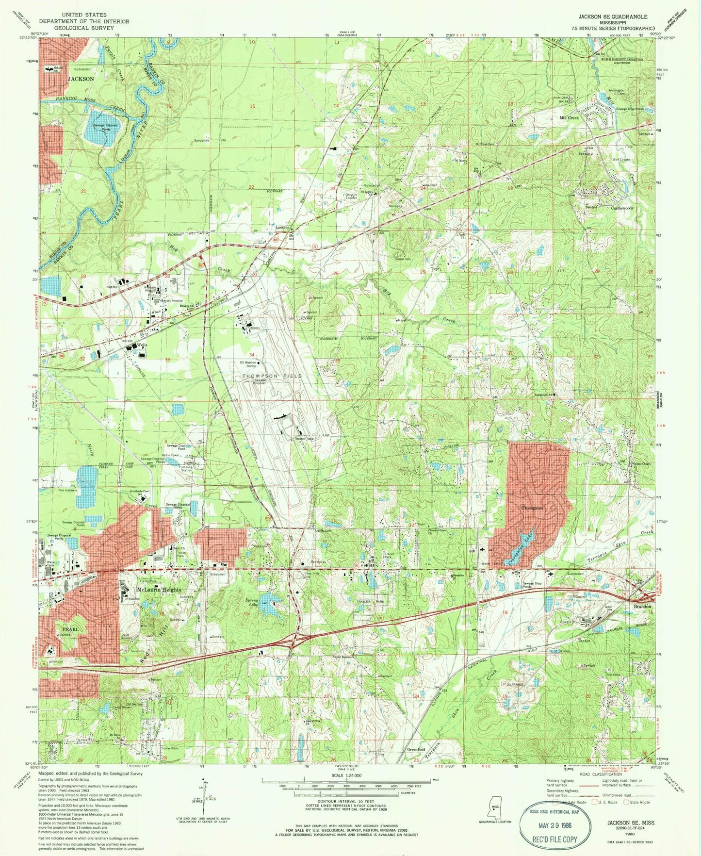 Classic USGS Jackson SE Mississippi 7.5'x7.5' Topo Map Image