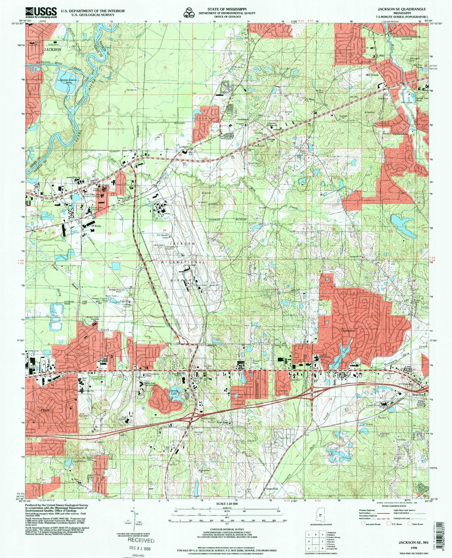 Classic USGS Jackson SE Mississippi 7.5'x7.5' Topo Map Image