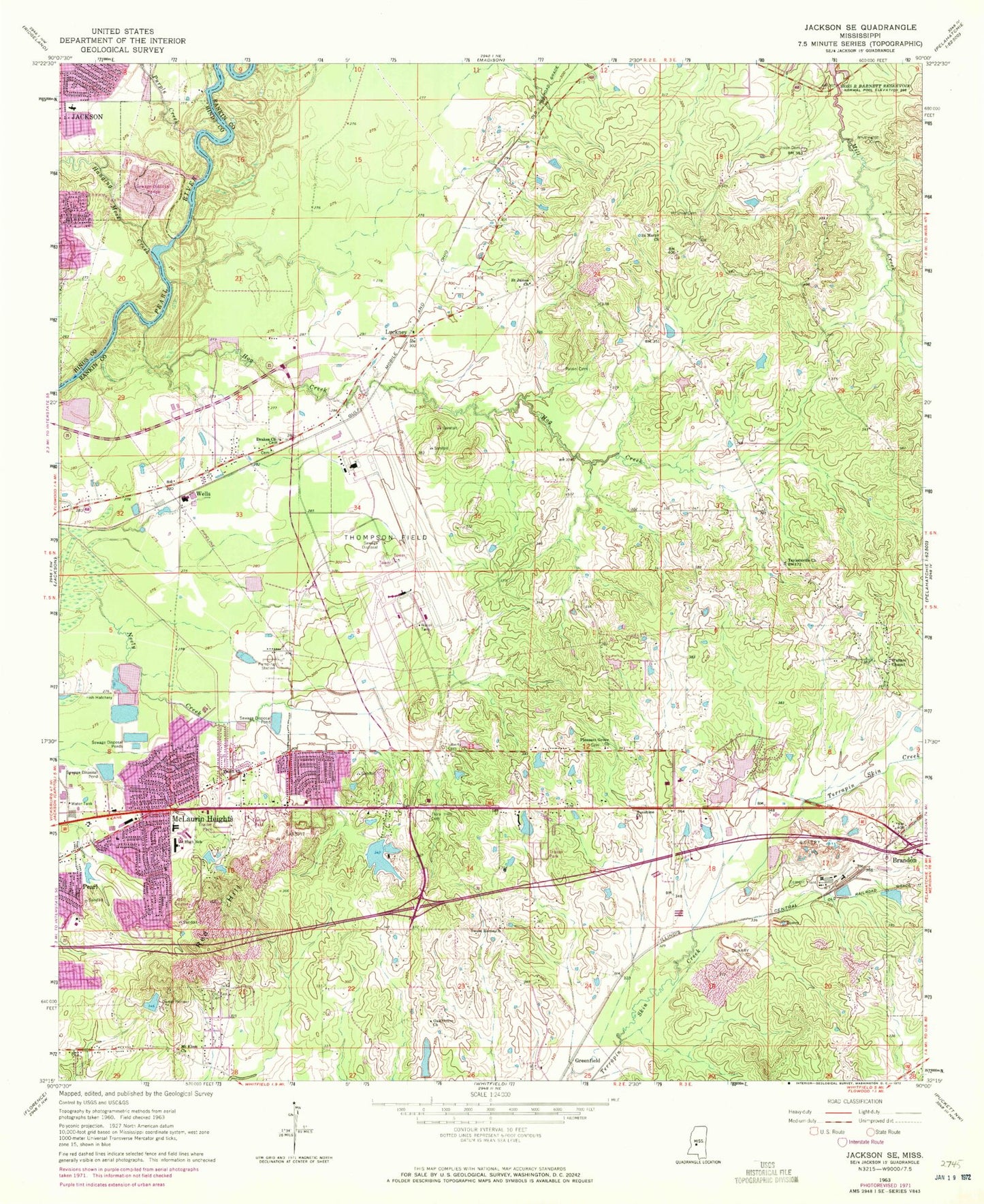 Classic USGS Jackson SE Mississippi 7.5'x7.5' Topo Map Image