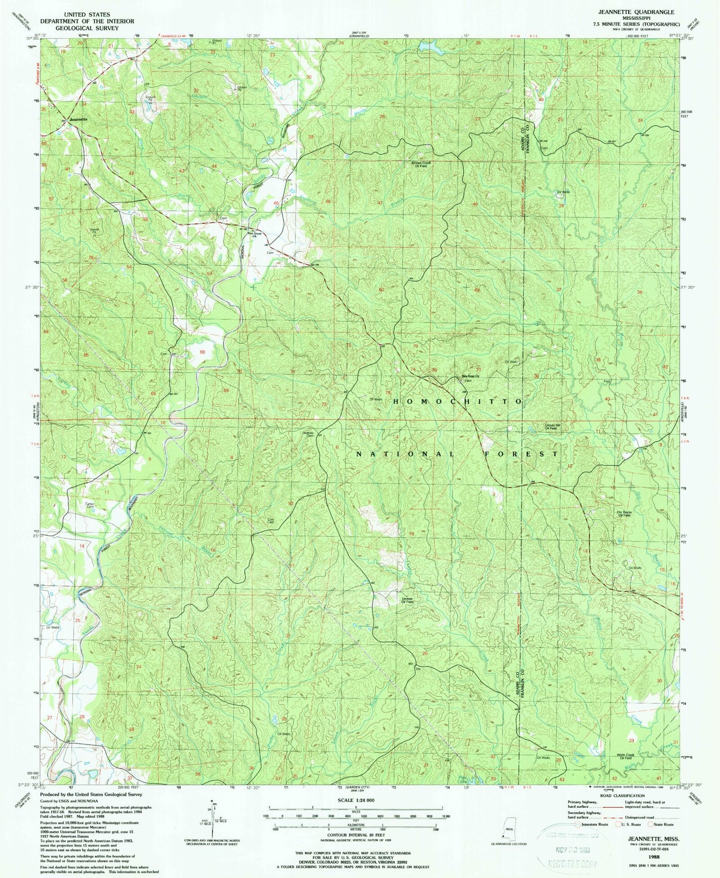 Classic USGS Jeannette Mississippi 7.5'x7.5' Topo Map Image