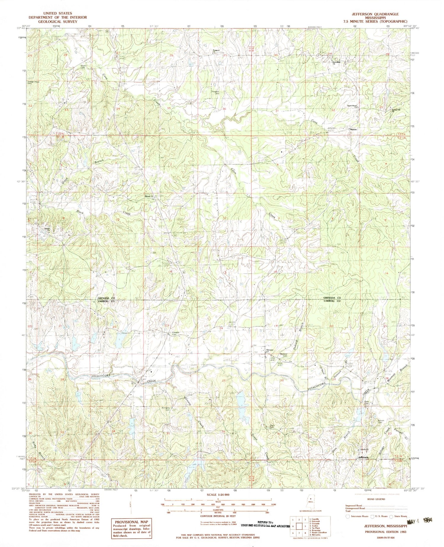 Classic USGS Jefferson Mississippi 7.5'x7.5' Topo Map Image