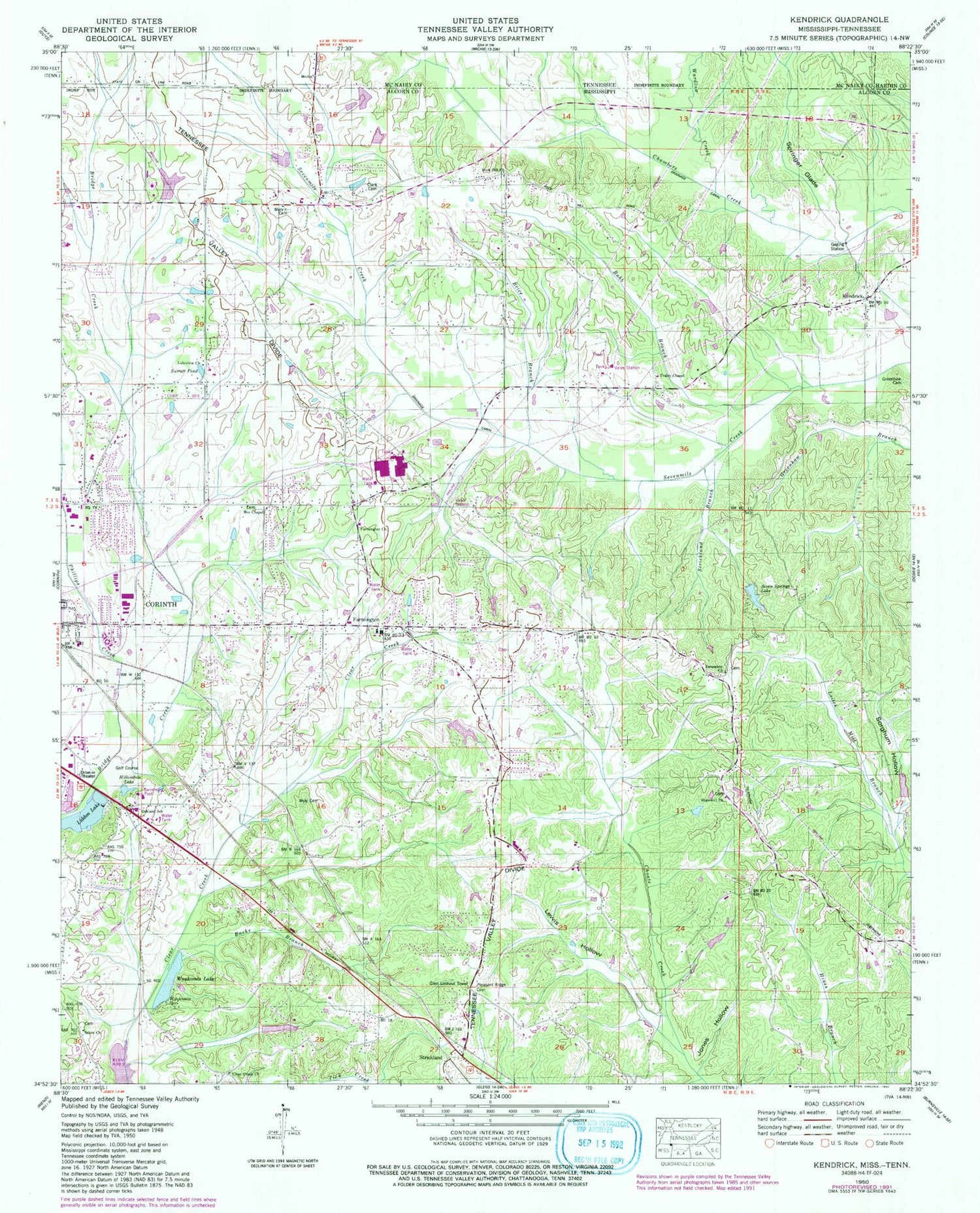 Classic USGS Kendrick Mississippi 7.5'x7.5' Topo Map Image