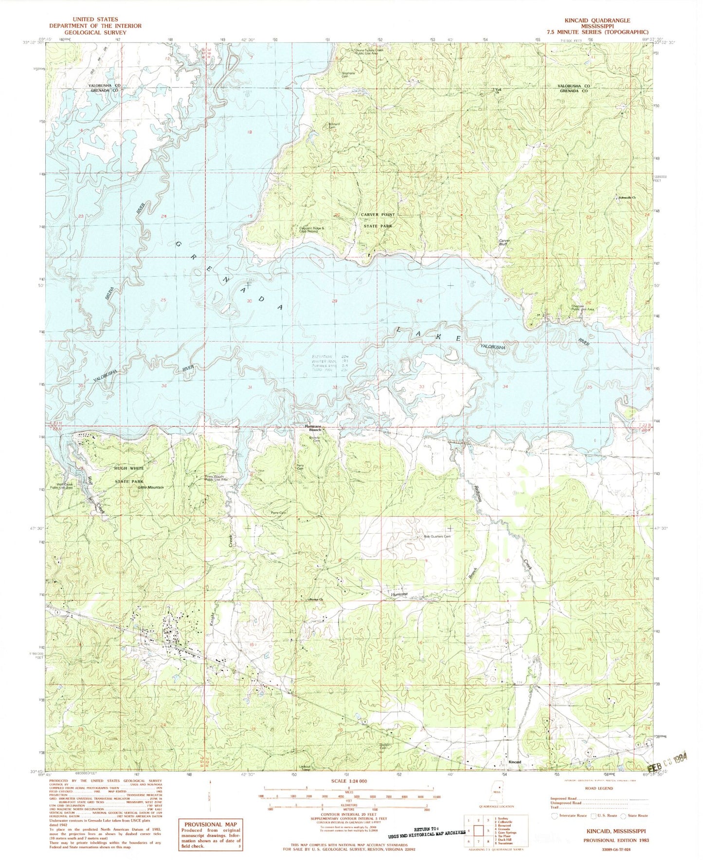 Classic USGS Kincaid Mississippi 7.5'x7.5' Topo Map Image
