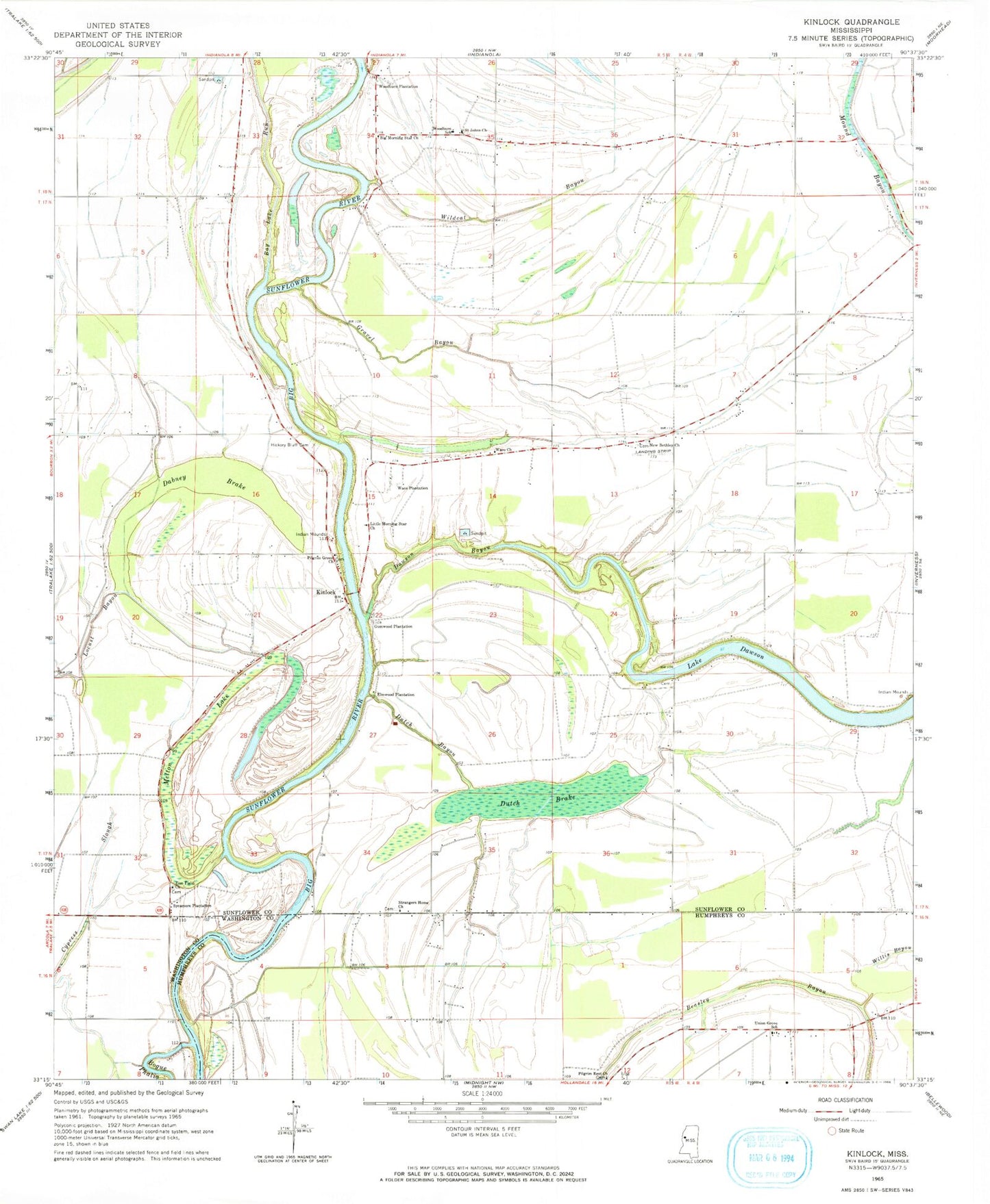 Classic USGS Kinlock Mississippi 7.5'x7.5' Topo Map Image