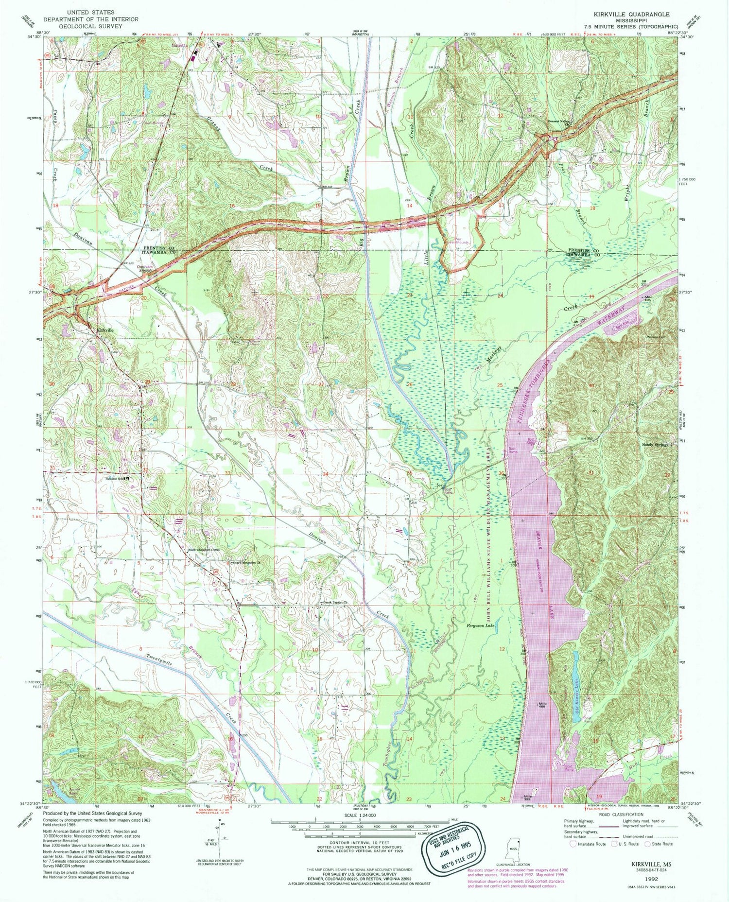 Classic USGS Kirkville Mississippi 7.5'x7.5' Topo Map Image