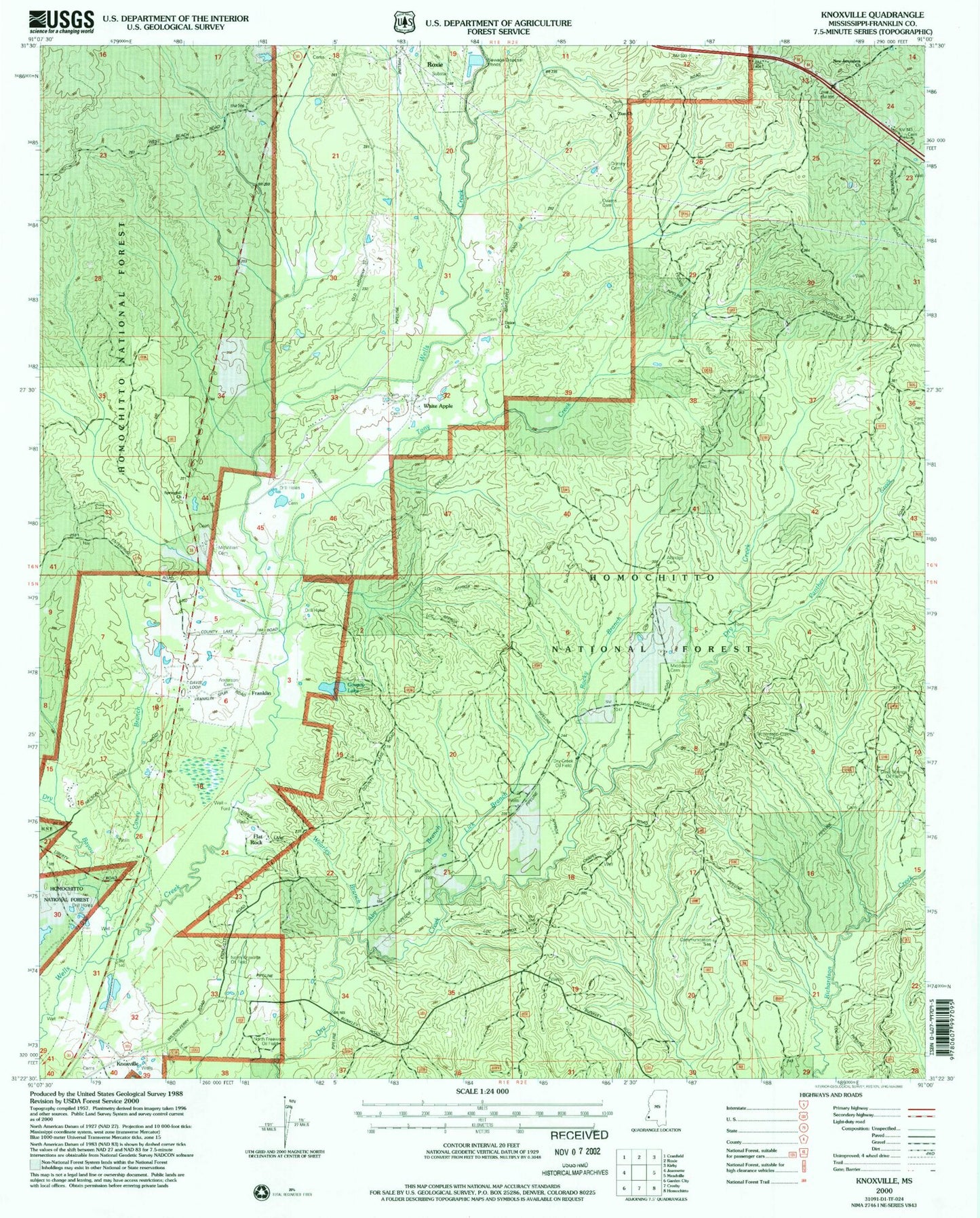 Classic USGS Knoxville Mississippi 7.5'x7.5' Topo Map Image