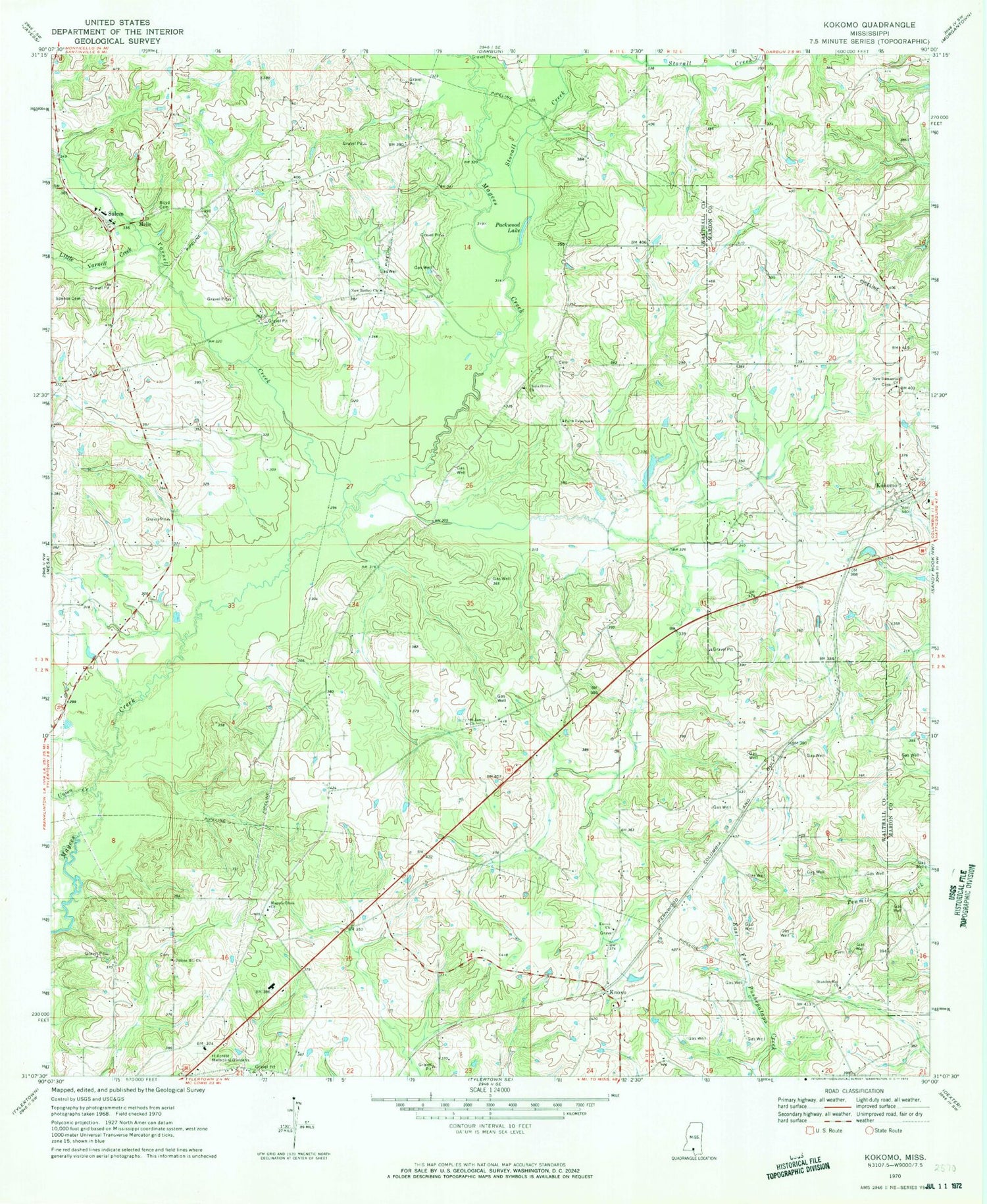 Classic USGS Kokomo Mississippi 7.5'x7.5' Topo Map Image