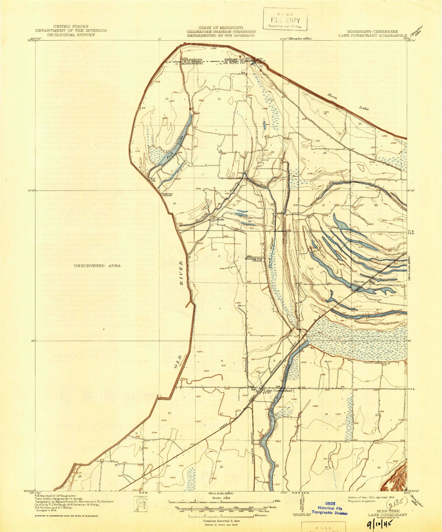 Classic USGS Lake Cormorant Mississippi 7.5'x7.5' Topo Map Image