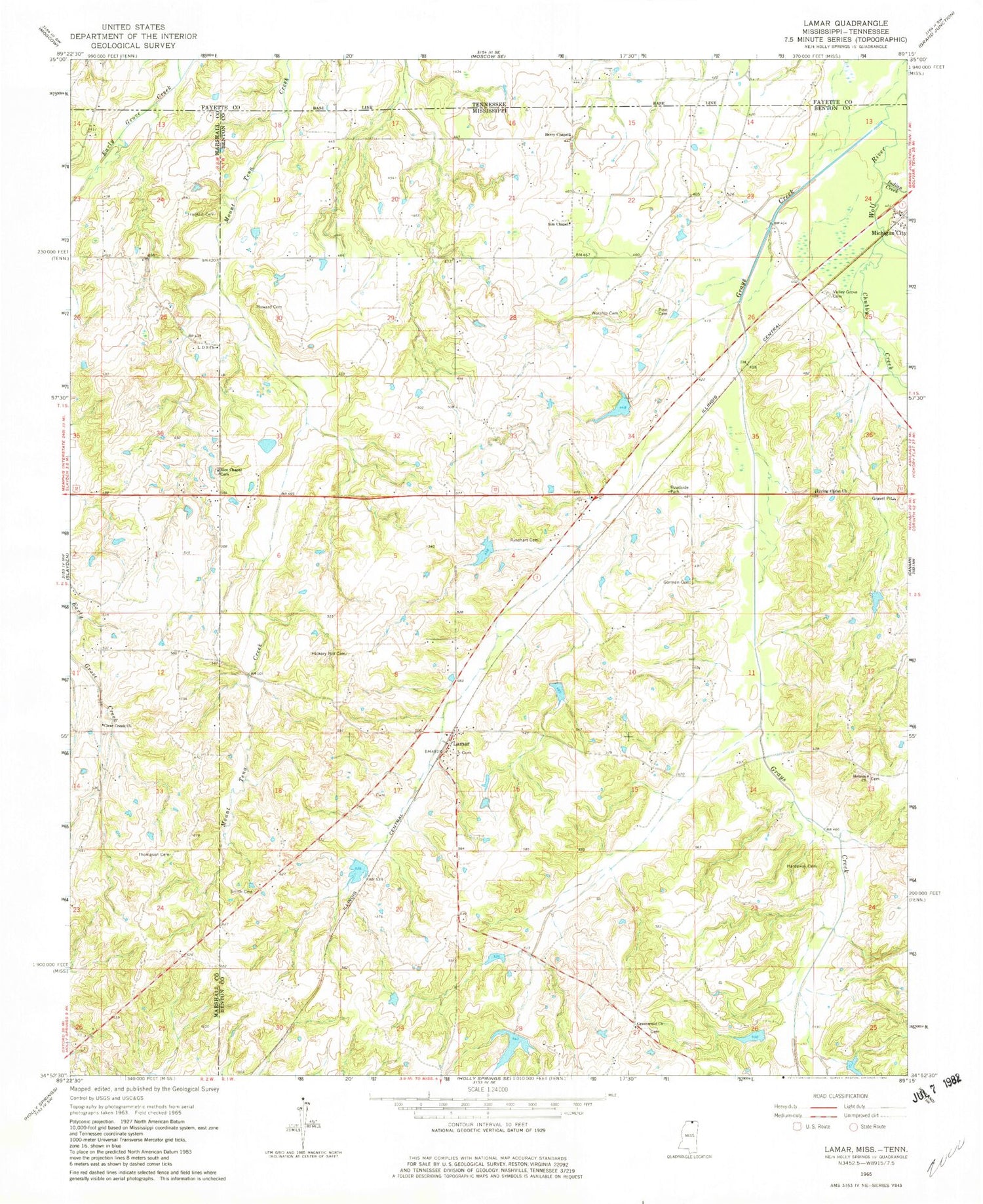 Classic USGS Lamar Mississippi 7.5'x7.5' Topo Map Image