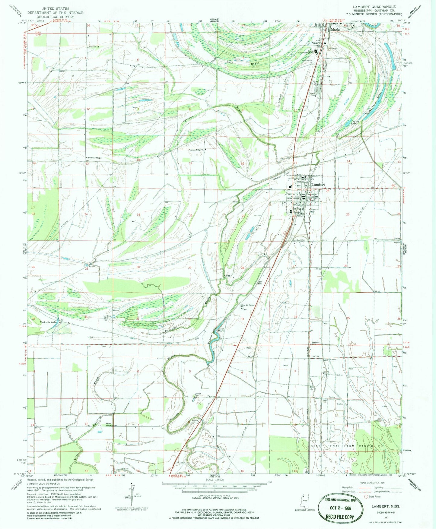 Classic USGS Lambert Mississippi 7.5'x7.5' Topo Map Image
