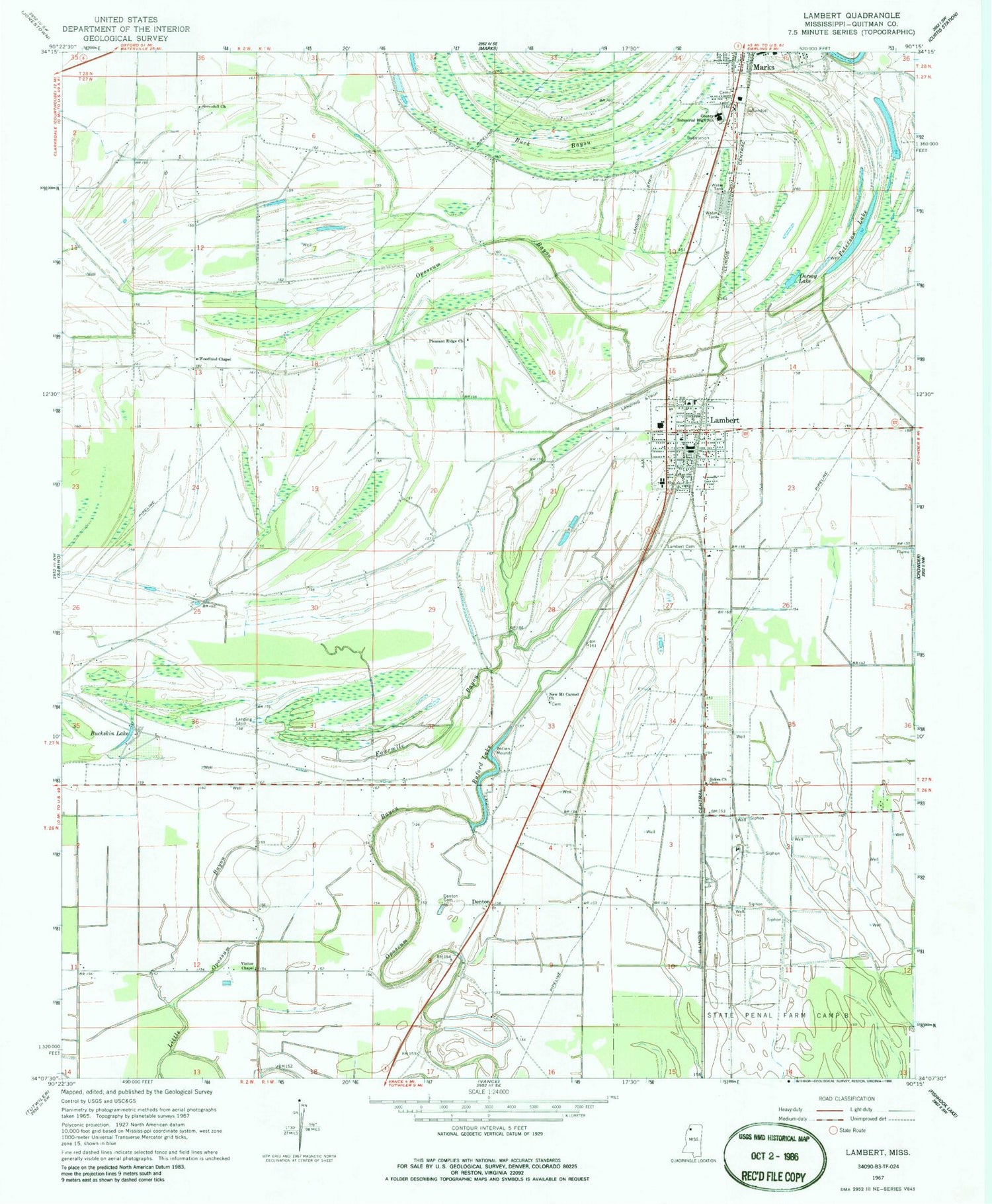 Classic USGS Lambert Mississippi 7.5'x7.5' Topo Map Image