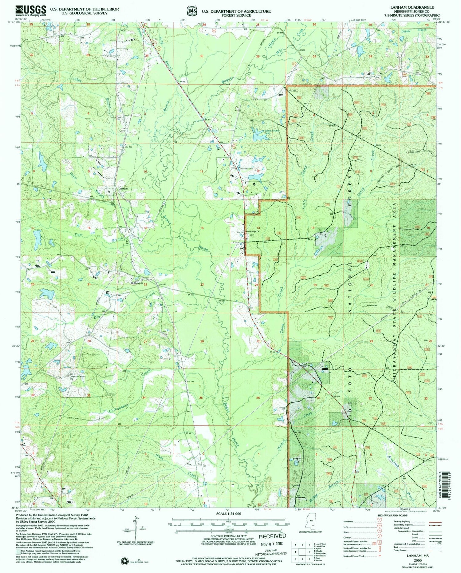 Classic USGS Lanham Mississippi 7.5'x7.5' Topo Map Image